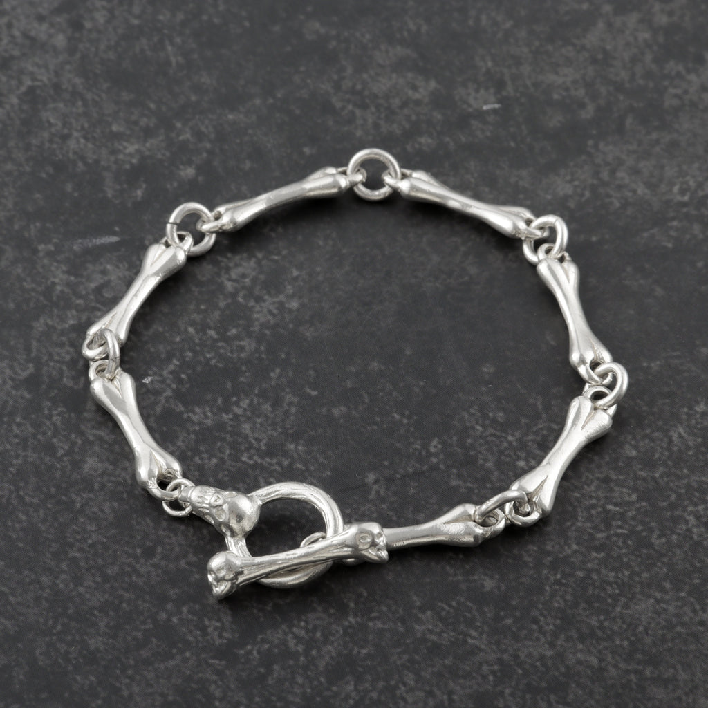 Gothic Anatomy Bone Link Bracelet, 925 Sterling Silver Skeleton Skull Toggle Clasp Wristband for Men and Women