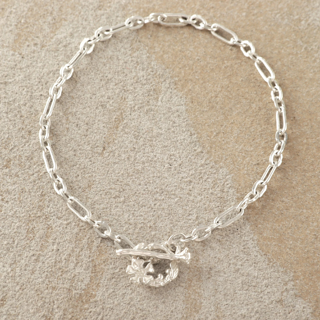925 Sterling Silver Floral Branch Toggle Clasp Durable Link Chain Bracelet