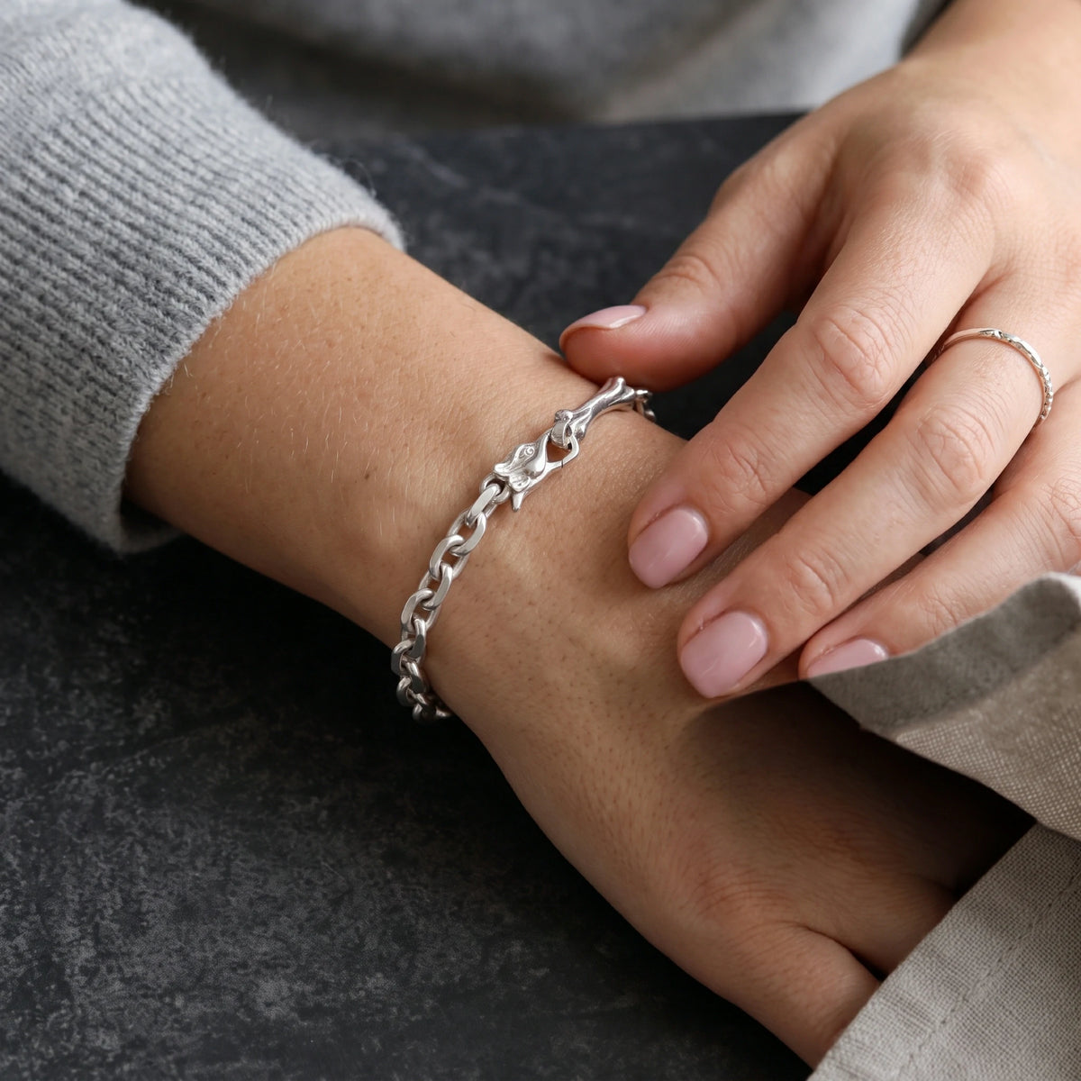 Dragon Skeleton Chain Bracelet, 925 Sterling Silver Beast Bone Link Cable Wristband