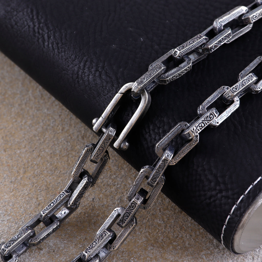 Men's Engraved Rectangle Link Chain • Oxidized Silver Necklace