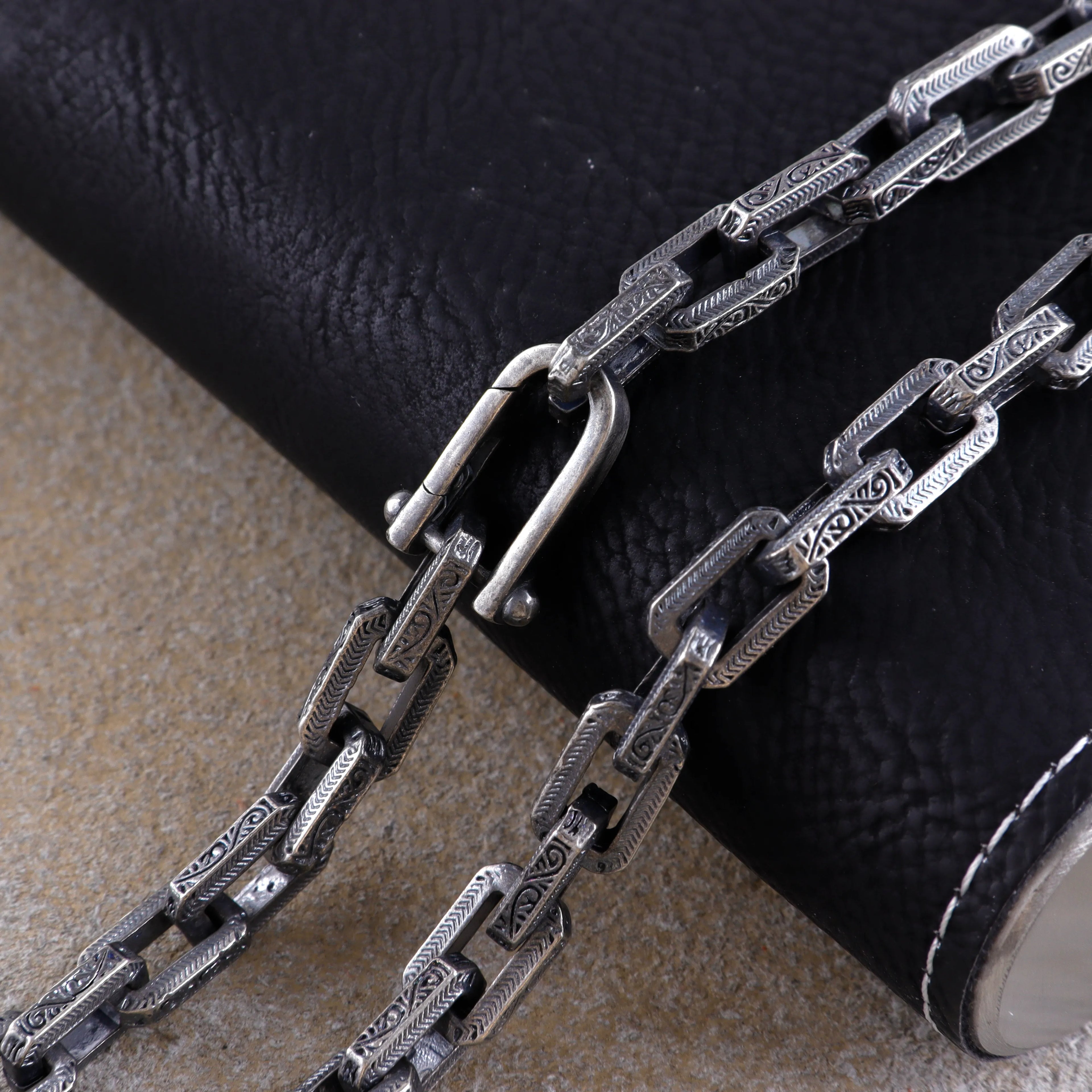 Men's Engraved Rectangle Link Chain • Oxidized 925 Sterling Silver Necklace