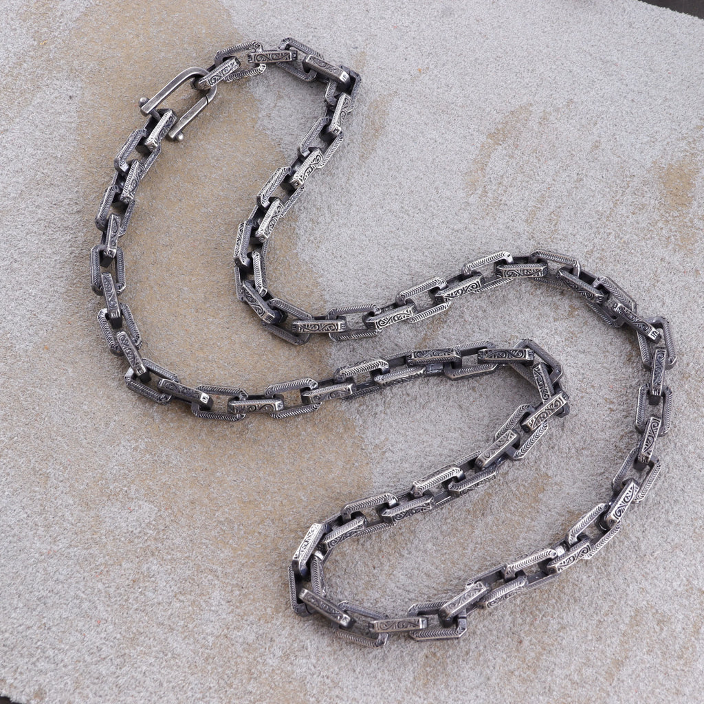 Men's Engraved Rectangle Link Chain • Oxidized 925 Sterling Silver Necklace