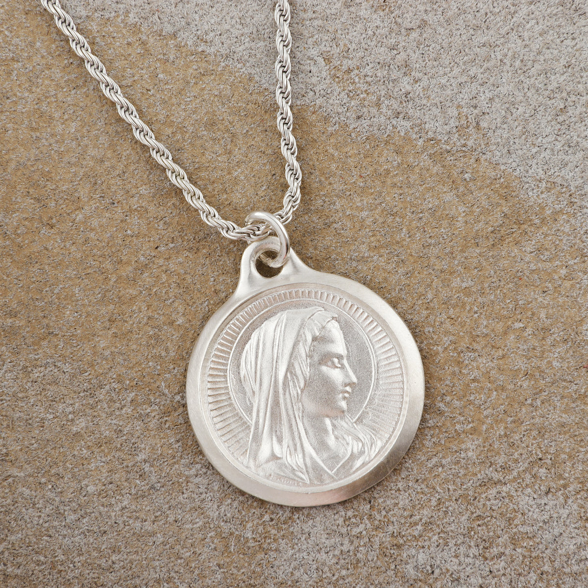 925 Sterling Silver Virgin Mary Medal Pendant, Vintage Religious Madonna Necklace