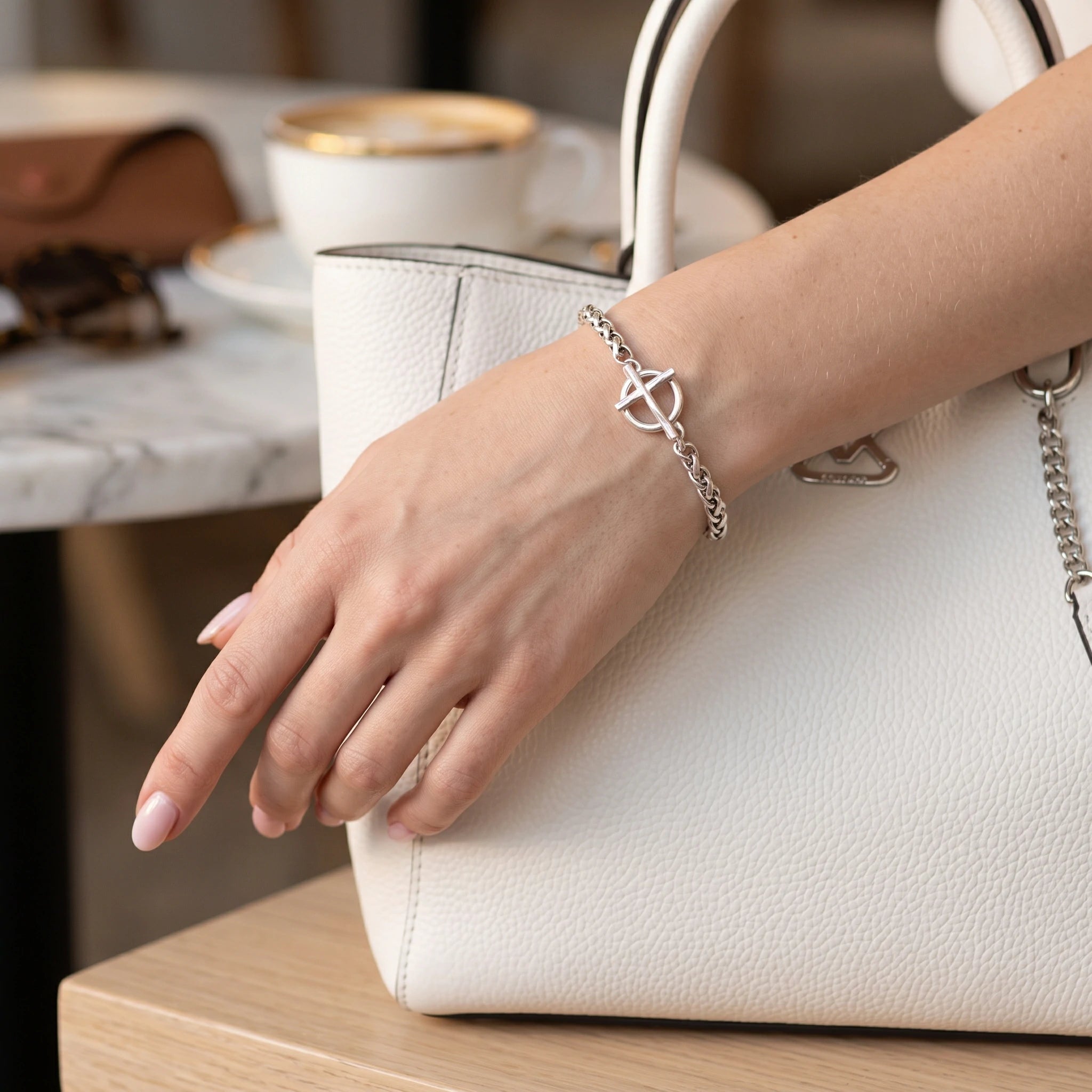 925 Sterling Silver Holy Cross Toggle Clasp Chopin Chain Faith Bracelet