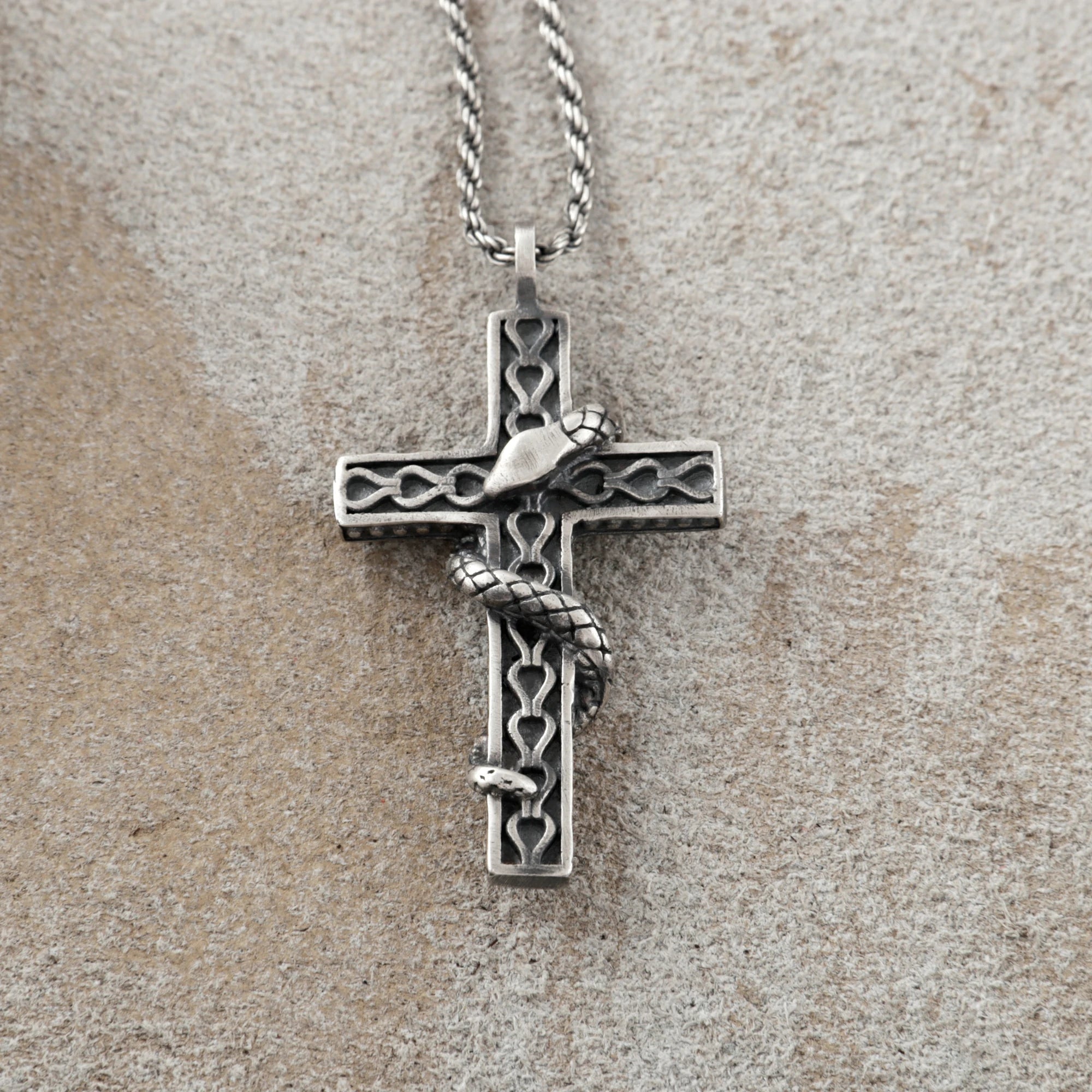 925 Sterling Silver Holy Snake Cross Durable Spiritual Faith Pendant Necklace