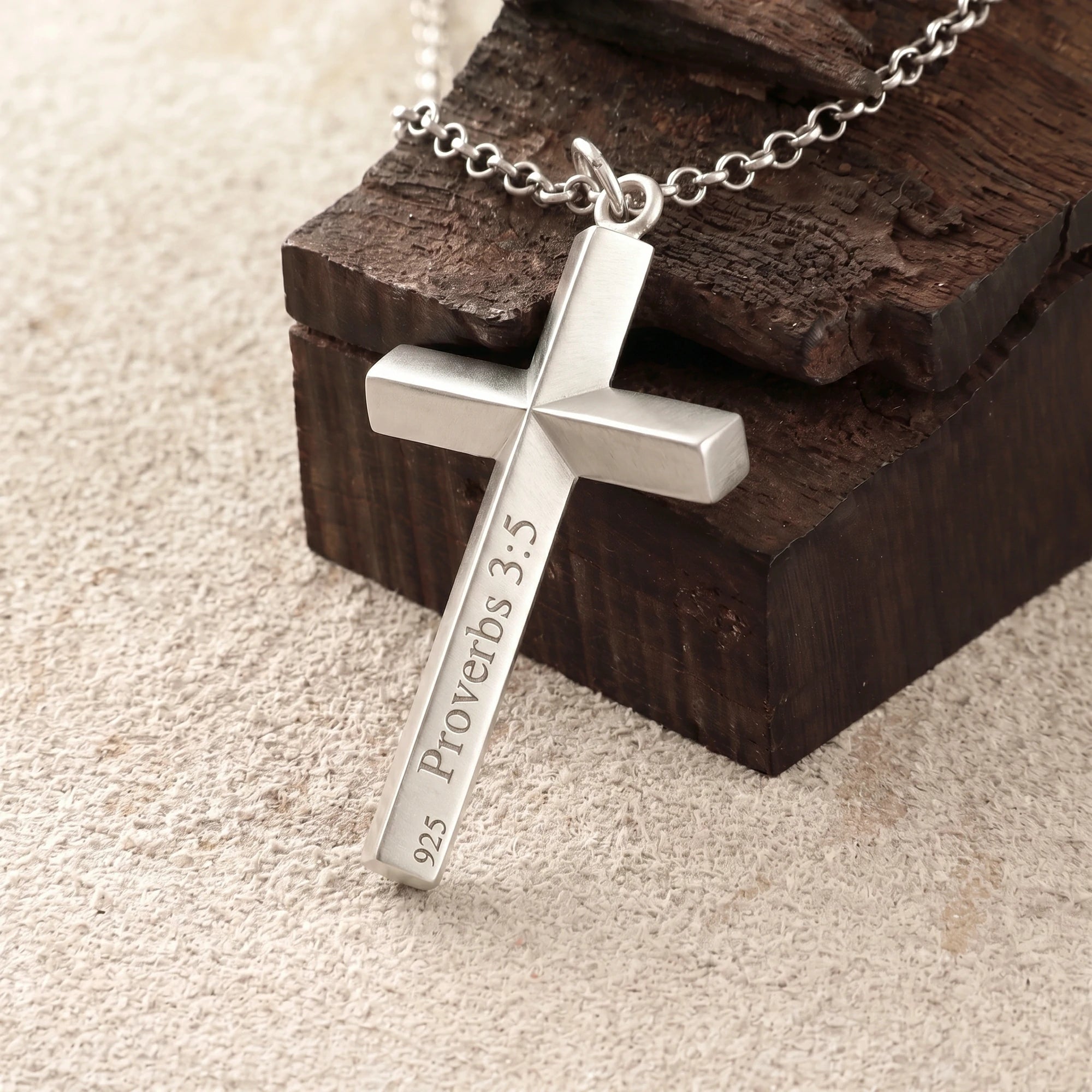 925 Sterling Silver Spiritual Beveled Prism Cross Durable Custom Engravable Necklace