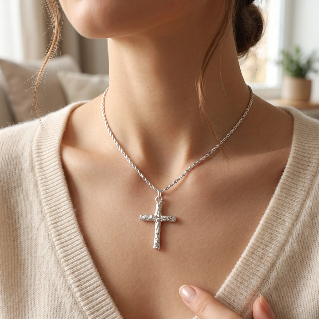 925 Sterling Silver Rustic Textured Holy Cross Durable Faith Pendant Necklace