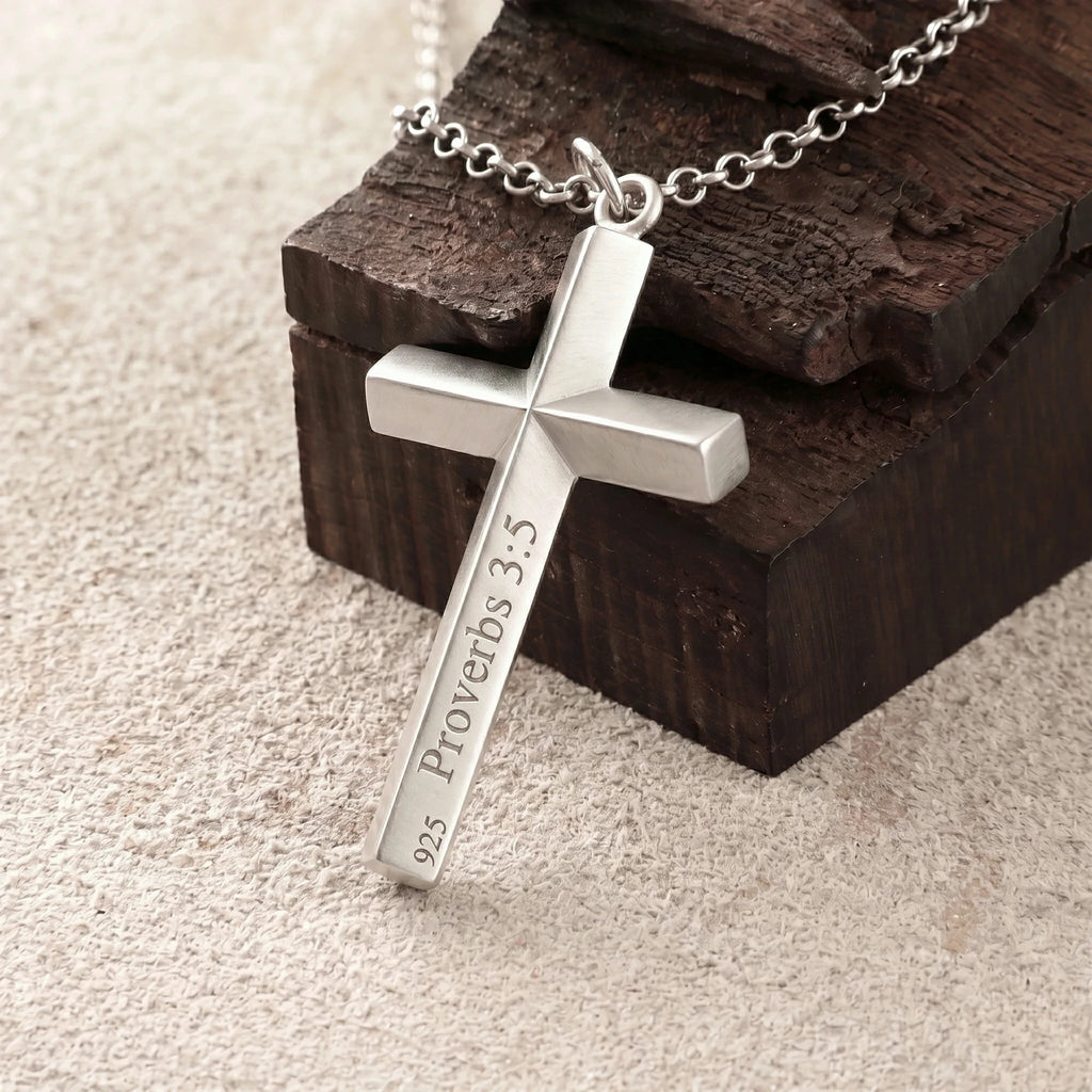 925 Sterling Silver Spiritual Beveled Prism Cross Durable Custom Engravable Necklace