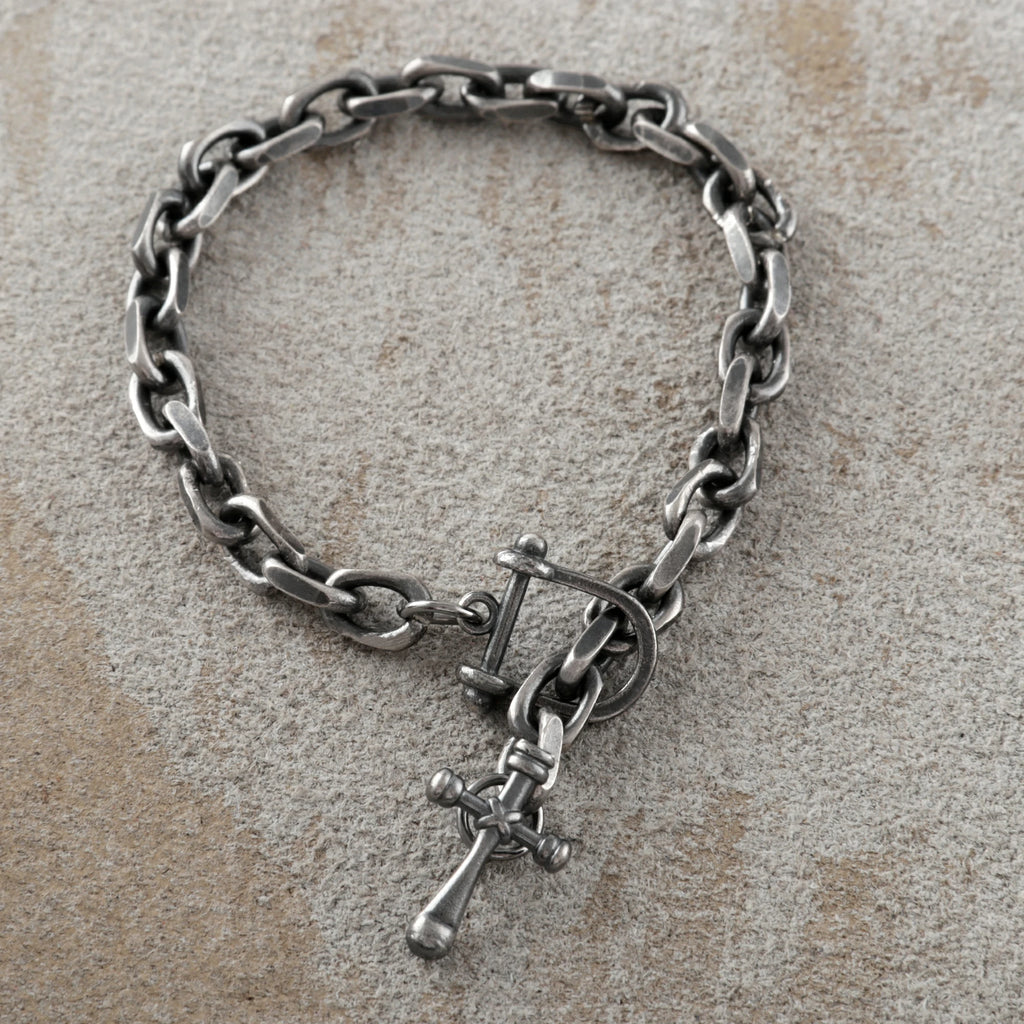 925 Sterling Silver Horseshoe Shackle Crucifix Bar Durable Link Chain Bracelet