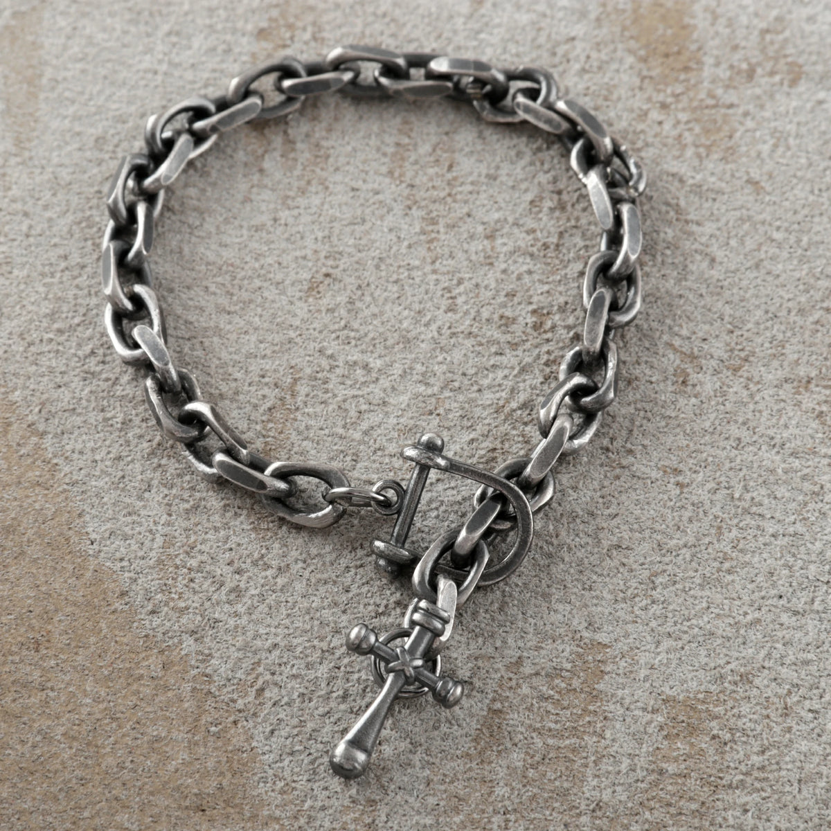 925 Sterling Silver Horseshoe Shackle Crucifix Bar Durable Link Chain Bracelet