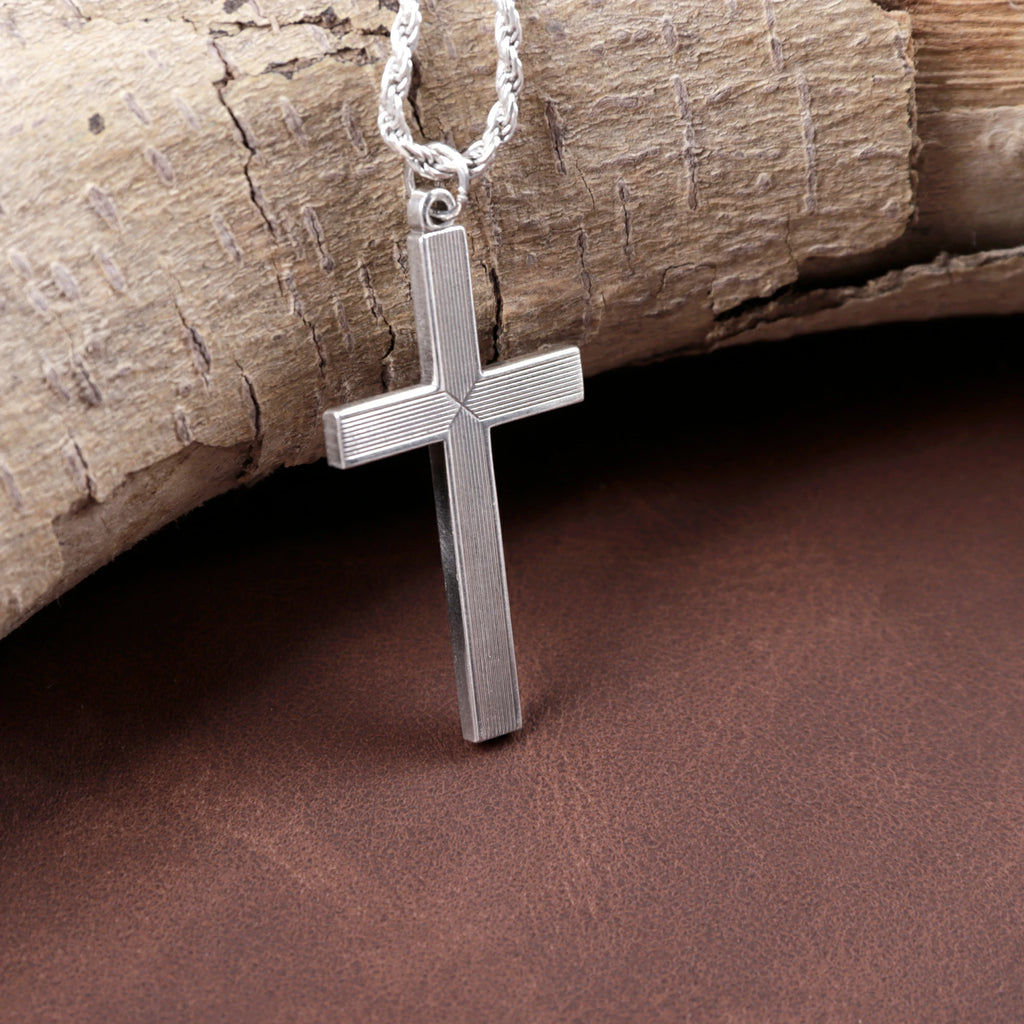 925 Sterling Silver Linear Grooved Cross Durable Custom Engravable Pendant