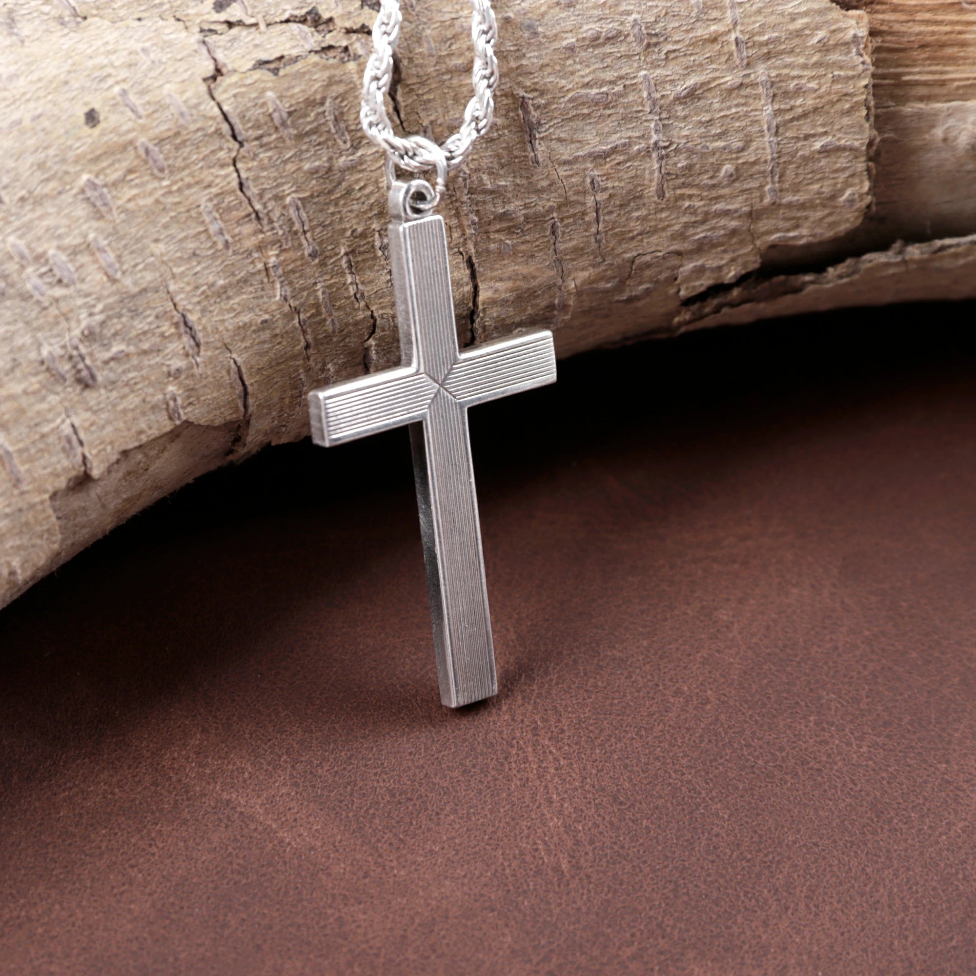 925 Sterling Silver Linear Grooved Cross Durable Custom Engravable Pendant