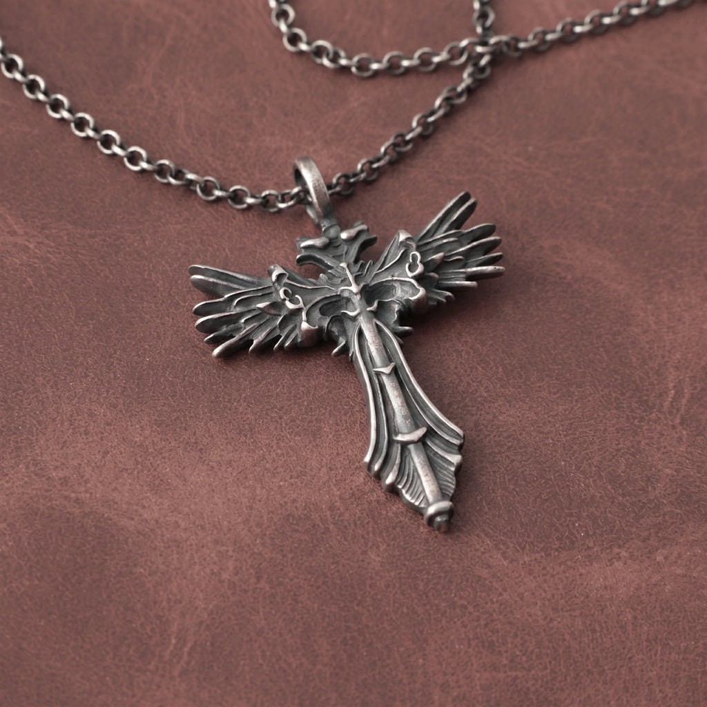 Custom 925 Sterling Silver Angel Wing Cross Pendant for Divine Heavenly Protection