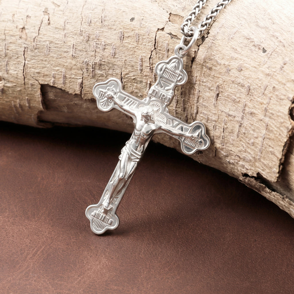 Engraved 925 Silver Crucifix Necklace, Faith & Strength Christian Gift for Men