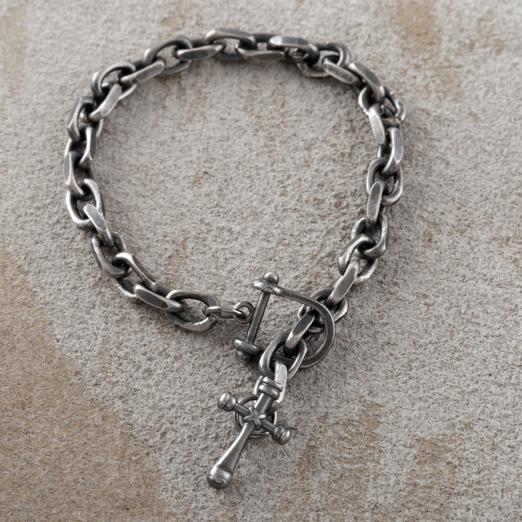 925 Sterling Silver Horseshoe Shackle Crucifix Bar Durable Link Chain Bracelet