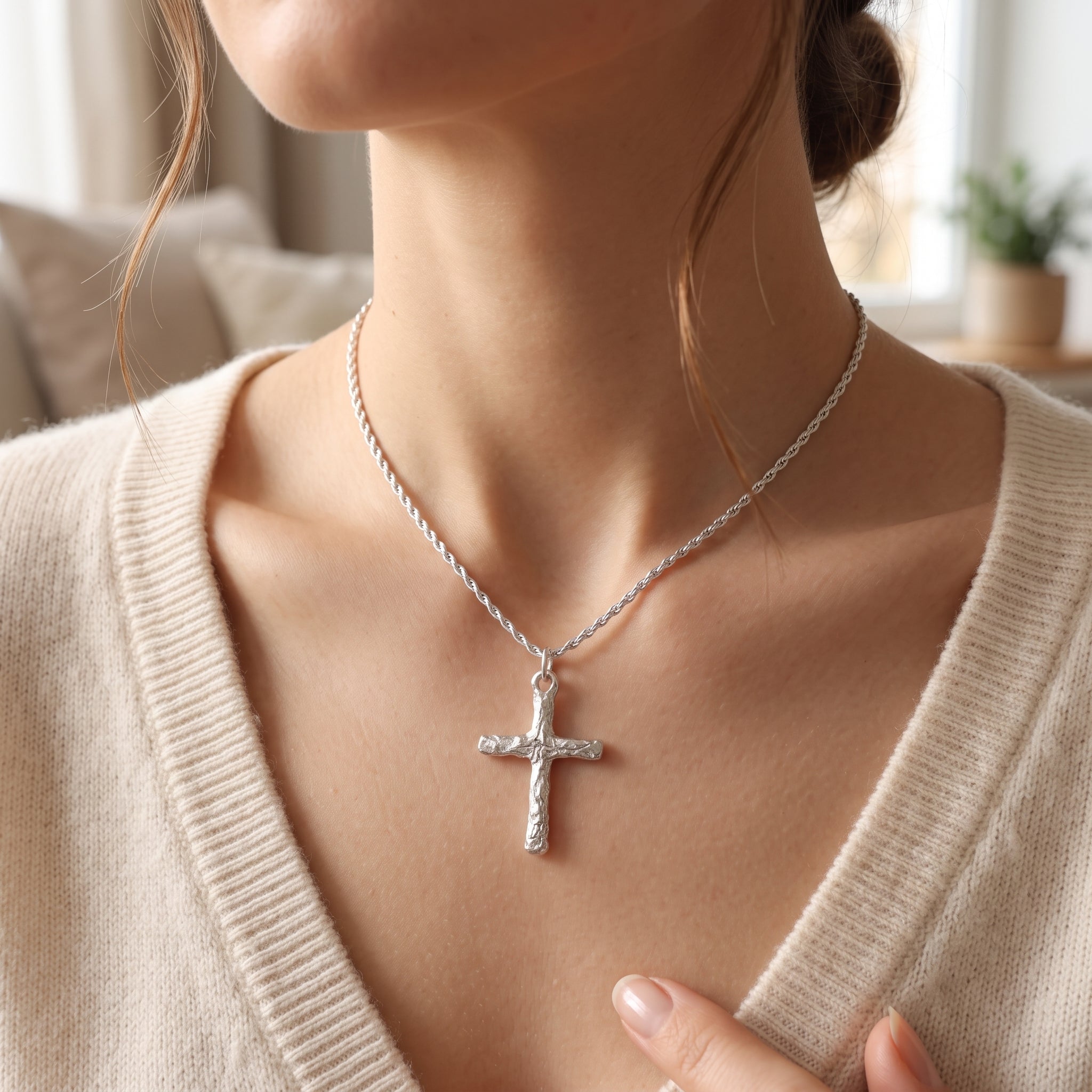 925 Sterling Silver Rustic Textured Holy Cross Durable Faith Pendant Necklace