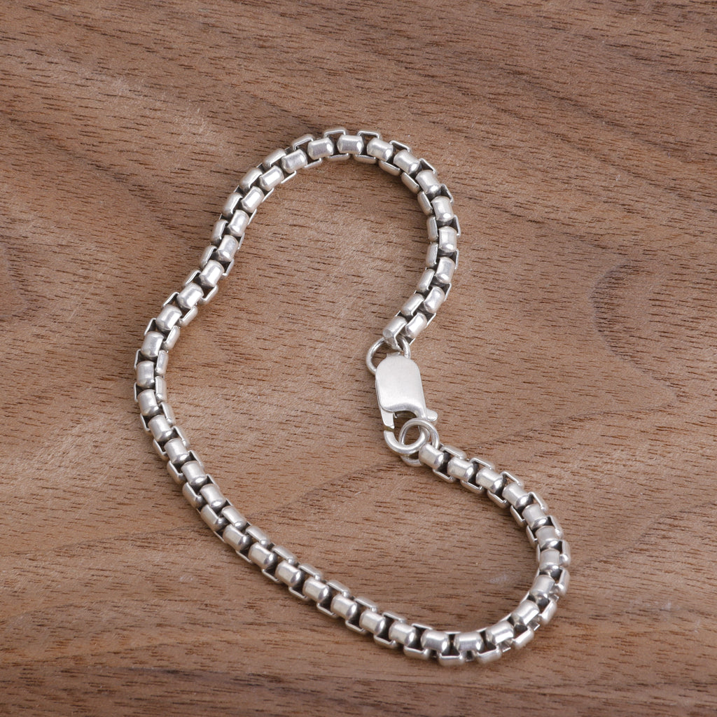 925 Sterling Silver Classic Box Chain Bracelet, Unisex Round Venetian Link Jewelry
