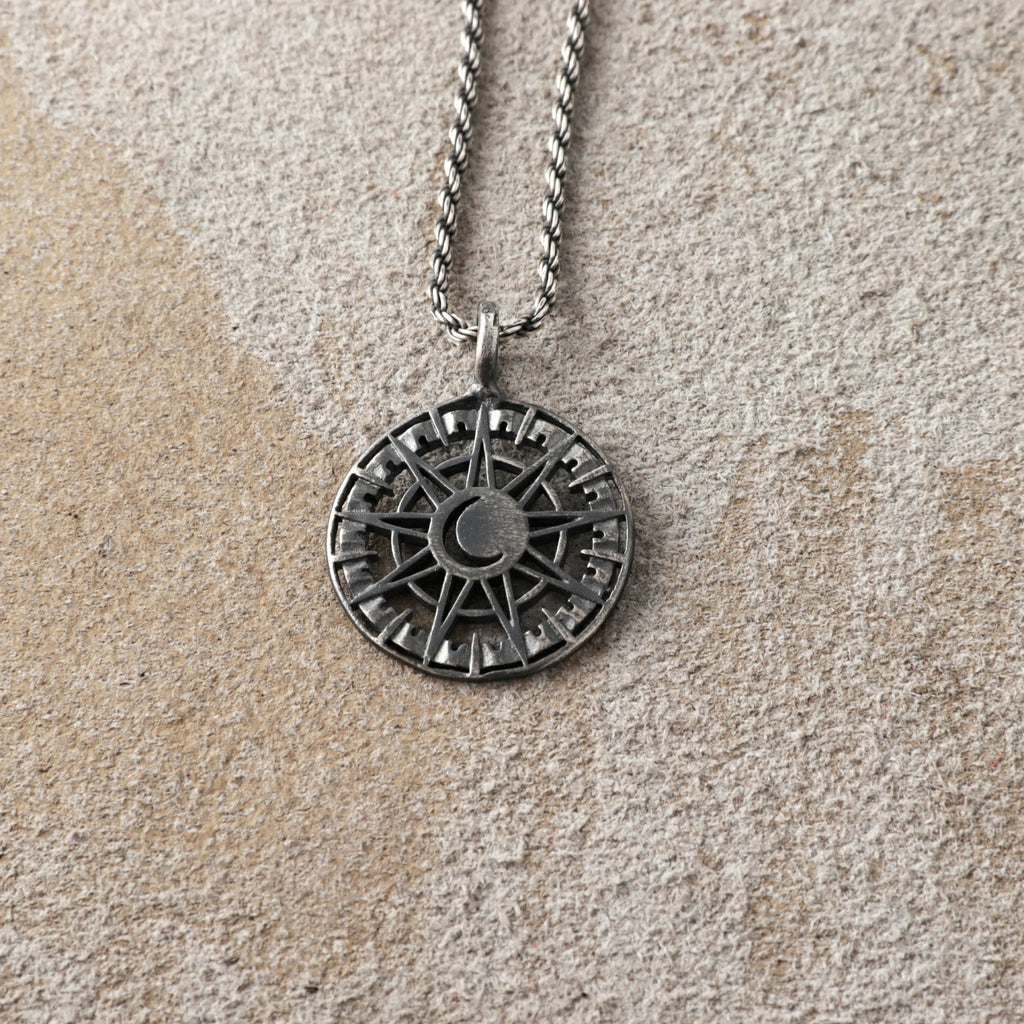 925 Sterling Silver Sun and Moon Pendant Necklace, Celestial Compass Astrolabe Jewelry