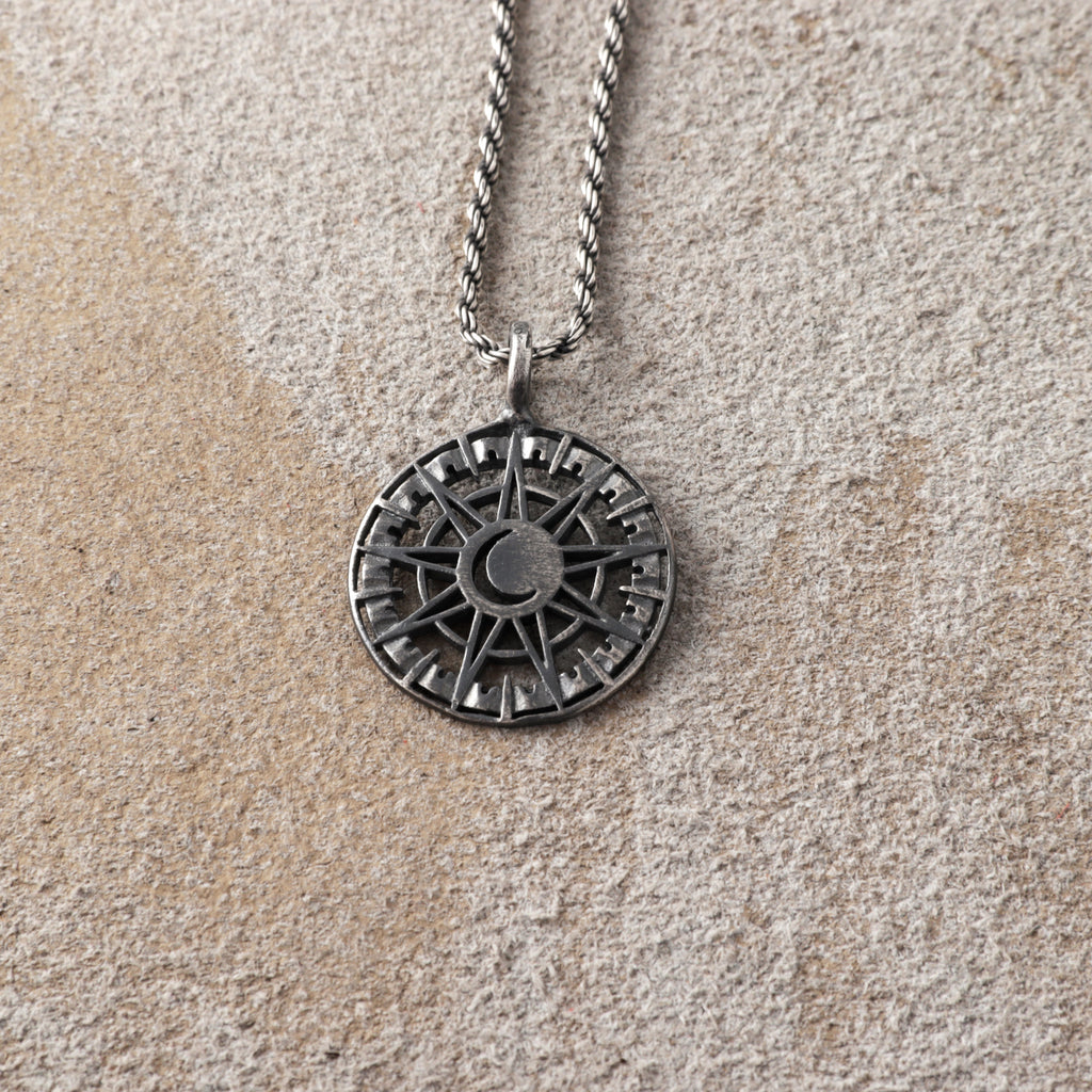 925 Sterling Silver Sun and Moon Pendant Necklace, Celestial Compass Astrolabe Jewelry
