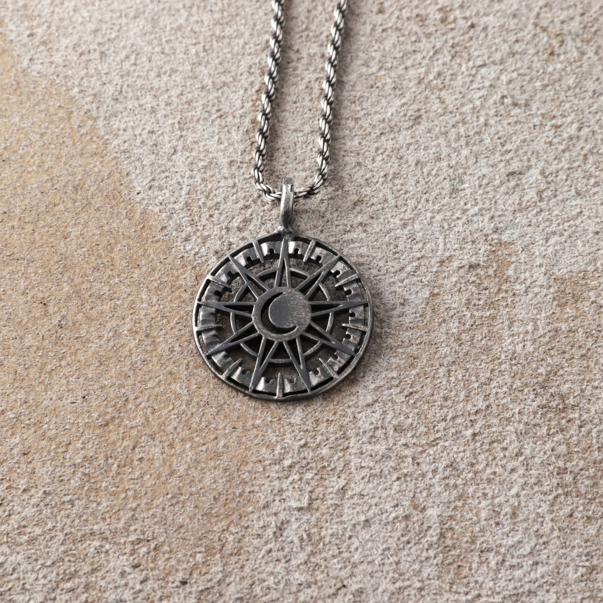 925 Sterling Silver Sun and Moon Pendant Necklace, Celestial Compass Astrolabe Jewelry