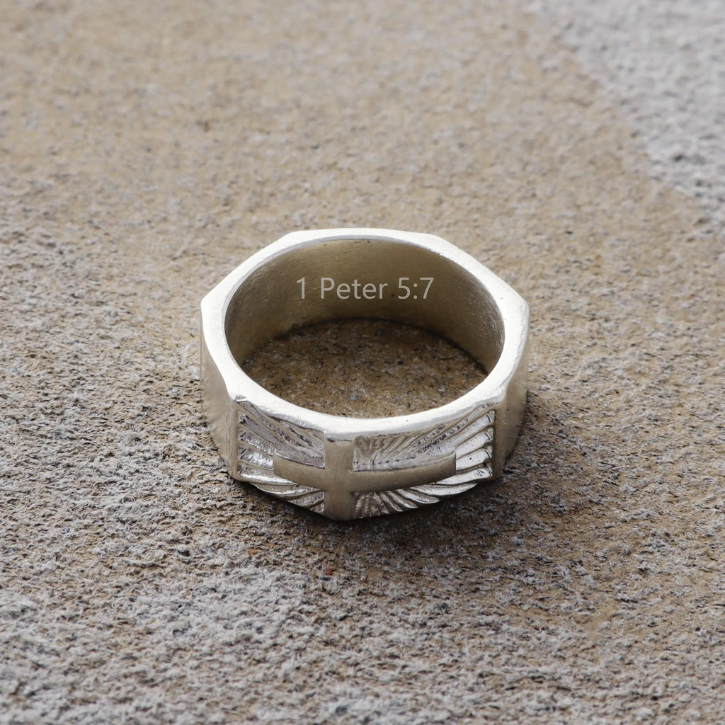 Custom Engraved 925 Sterling Silver Cross Signet Ring, Religious Faith Band for Men