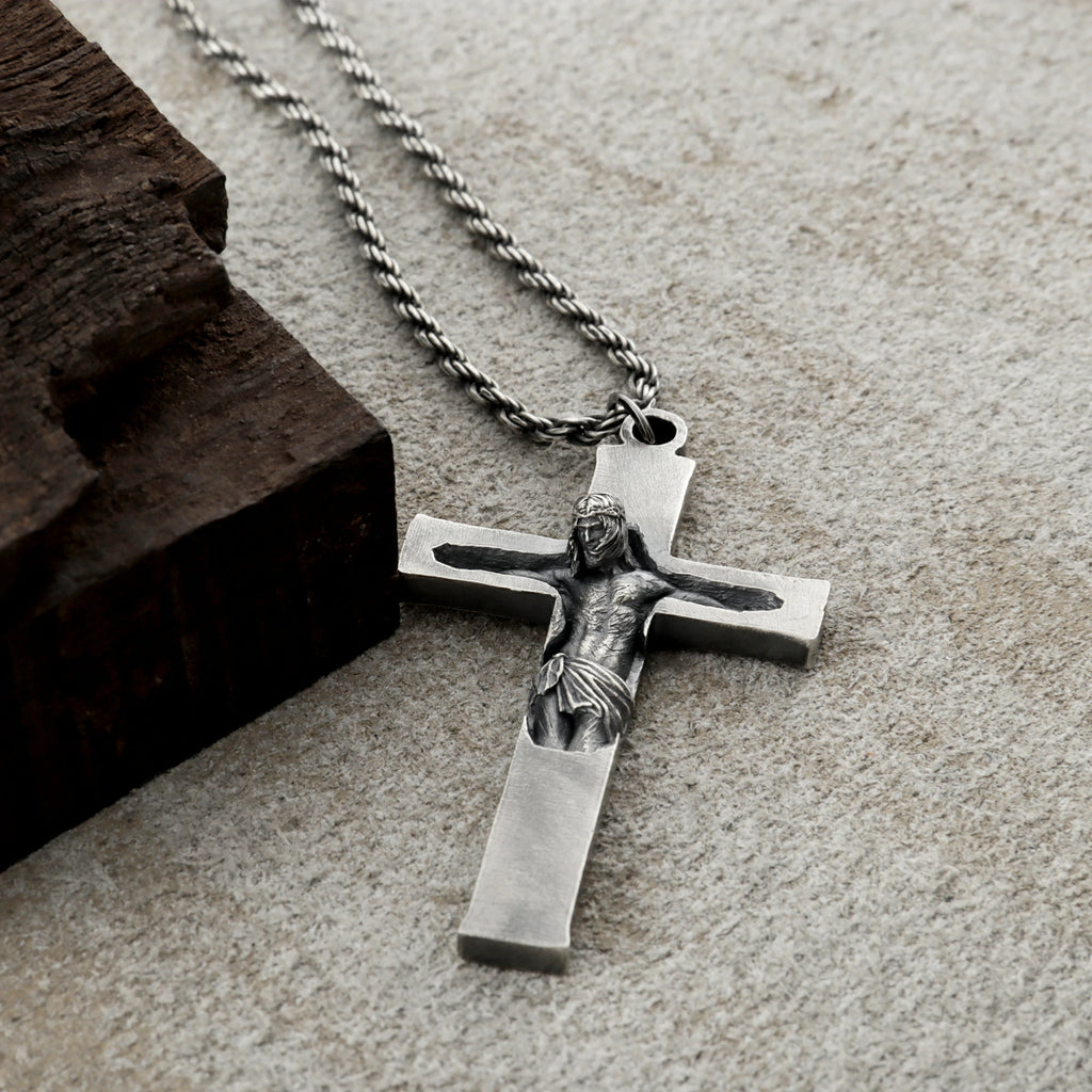 Divine Redemption Sunken Crucifix, Heavy Oxidized 925 Sterling Silver Talisman