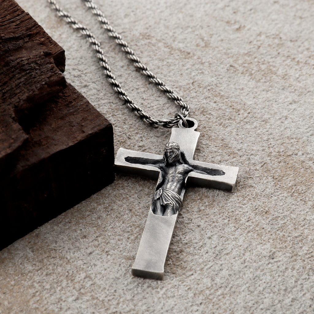 Divine Redemption Sunken Crucifix, Heavy Oxidized 925 Sterling Silver Talisman