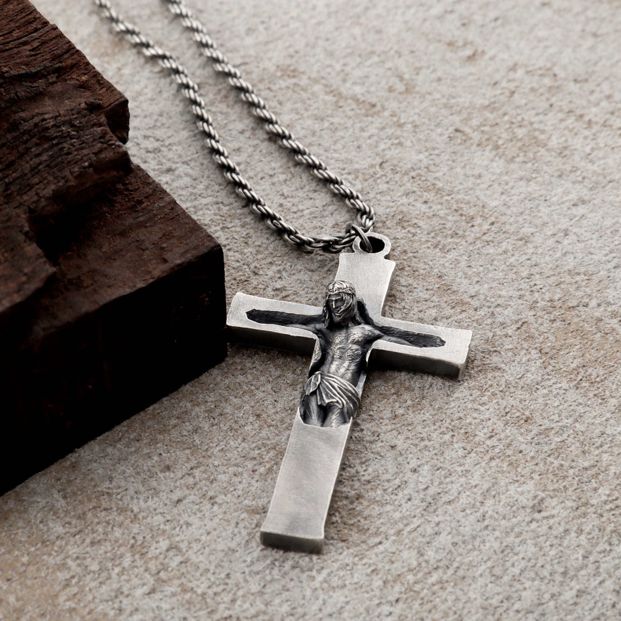 Divine Redemption Sunken Crucifix, Heavy Oxidized 925 Sterling Silver Talisman
