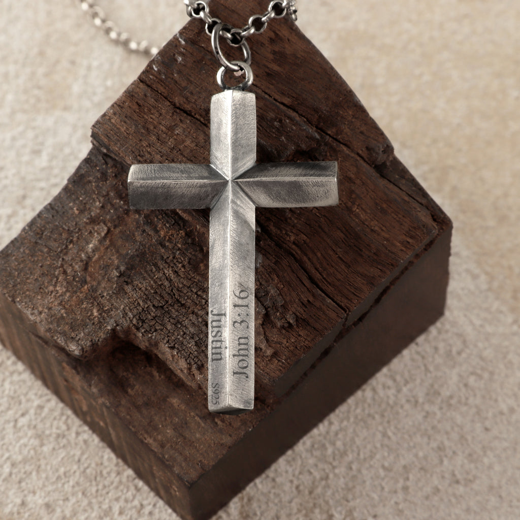 925 Sterling Silver Spiritual Beveled Prism Cross Durable Custom Engravable Necklace