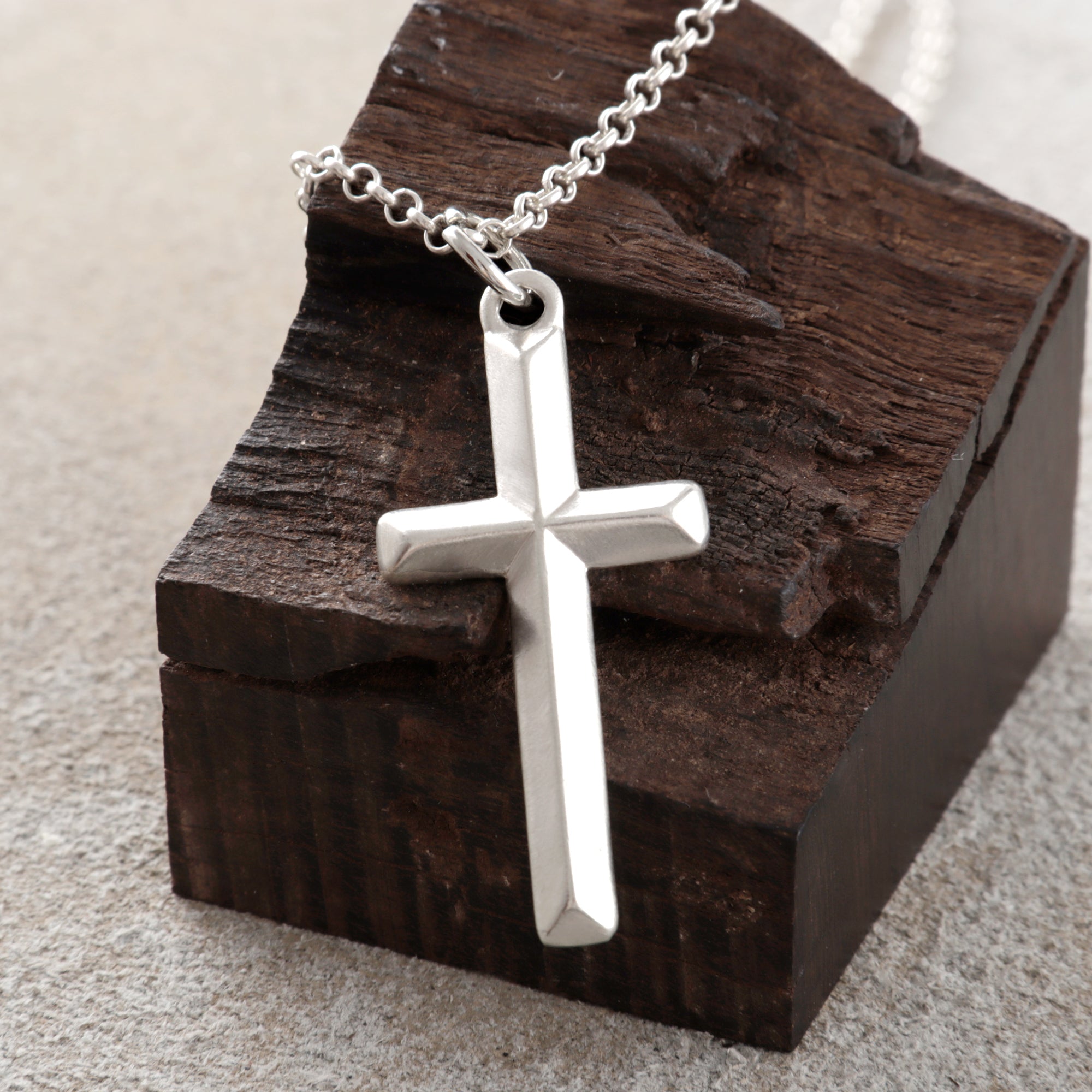 925 Sterling Silver Beveled Holy Cross Durable Custom Engravable Faith Pendant Necklace