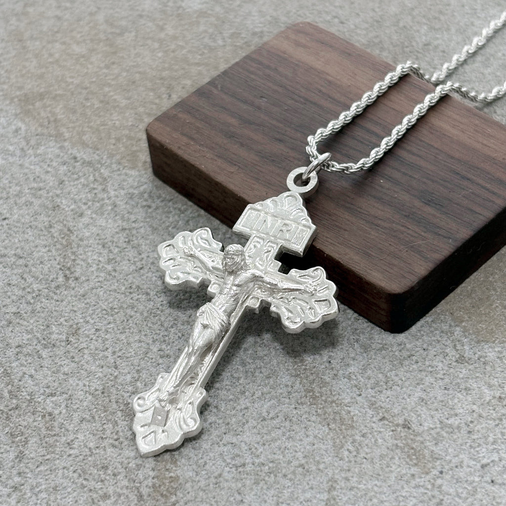 Divine Redemption INRI Crucifix, Solid 925 Sterling Silver Baroque Faith Necklace