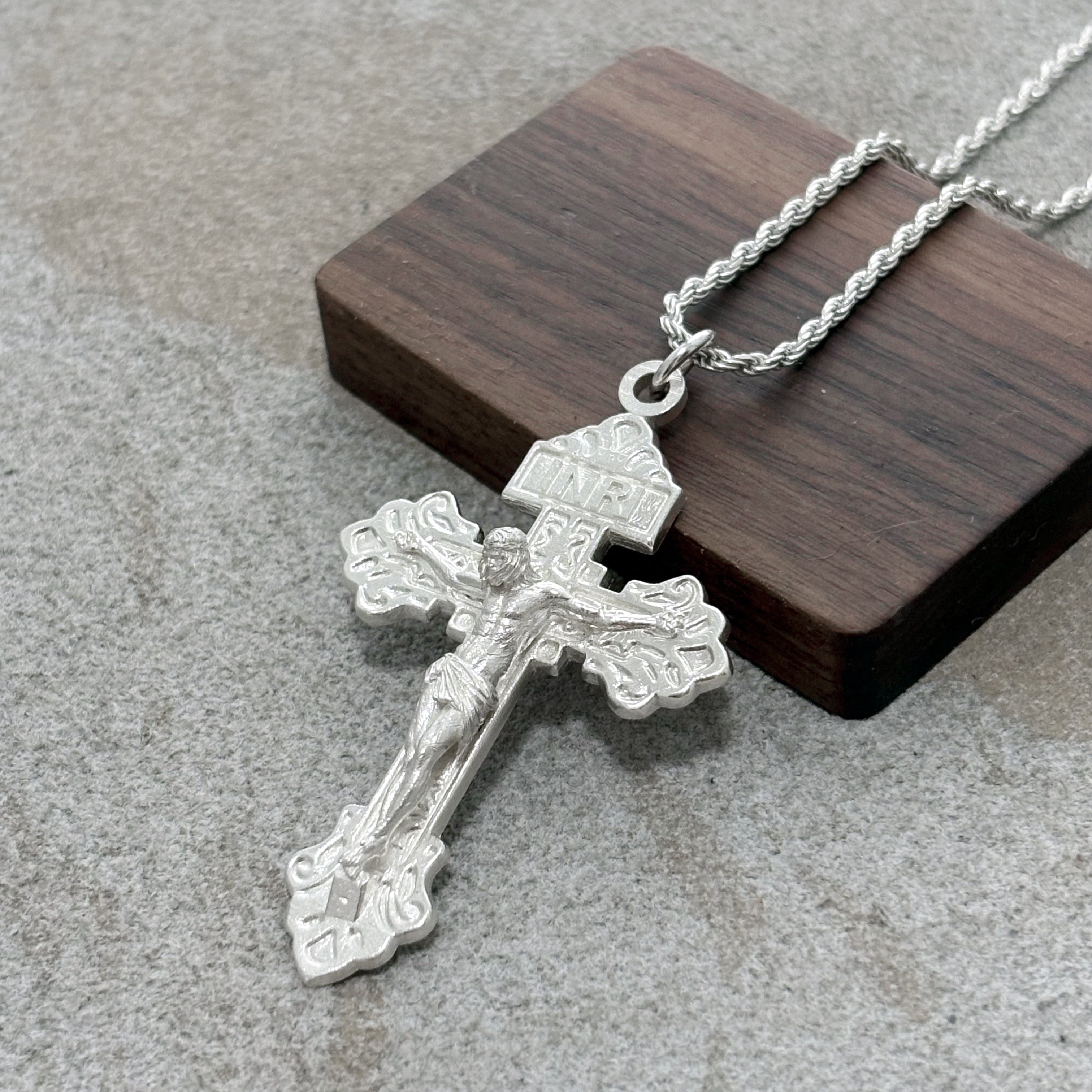 Divine Redemption INRI Crucifix, Solid 925 Sterling Silver Baroque Faith Necklace