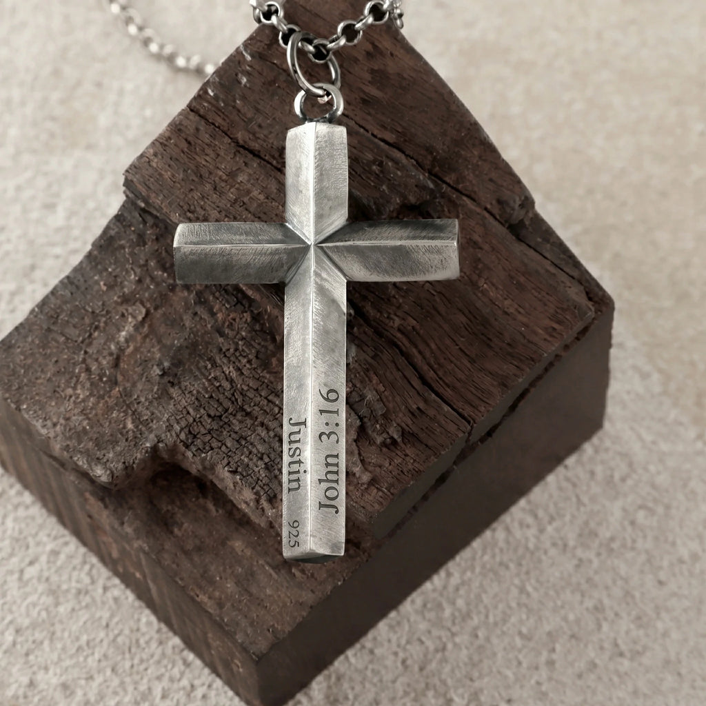 925 Sterling Silver Spiritual Beveled Prism Cross Durable Custom Engravable Necklace