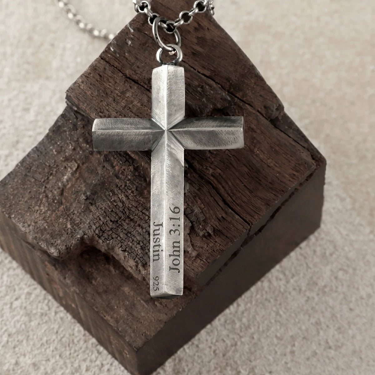 925 Sterling Silver Spiritual Beveled Prism Cross Durable Custom Engravable Necklace