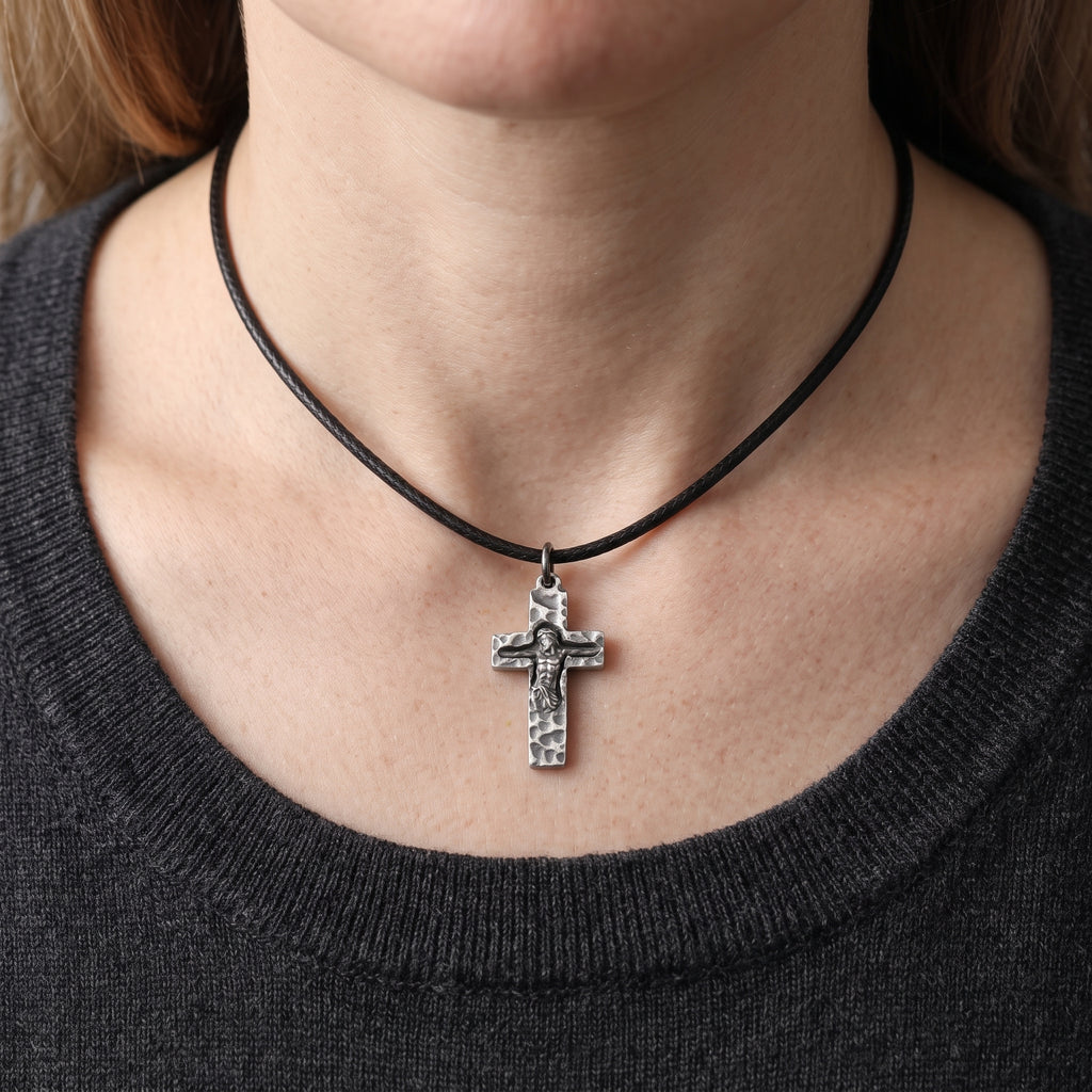 Rock of Ages Sunken Crucifix, Heavy Hammered 925 Sterling Silver Faith Necklace
