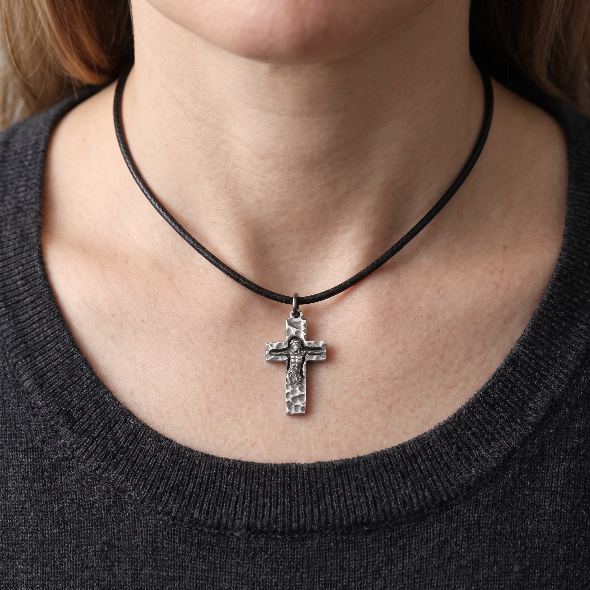 Rock of Ages Sunken Crucifix, Heavy Hammered 925 Sterling Silver Faith Necklace