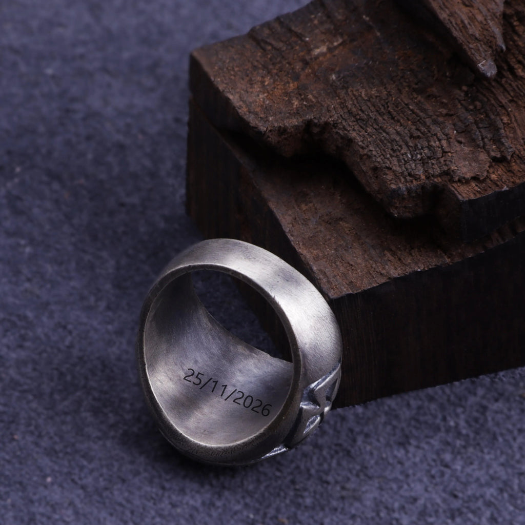 Vintage Oxidized 925 Sterling Silver Iron Cross Signet Ring, Custom Inner Engraving Men’s Biker Tough Jewelry