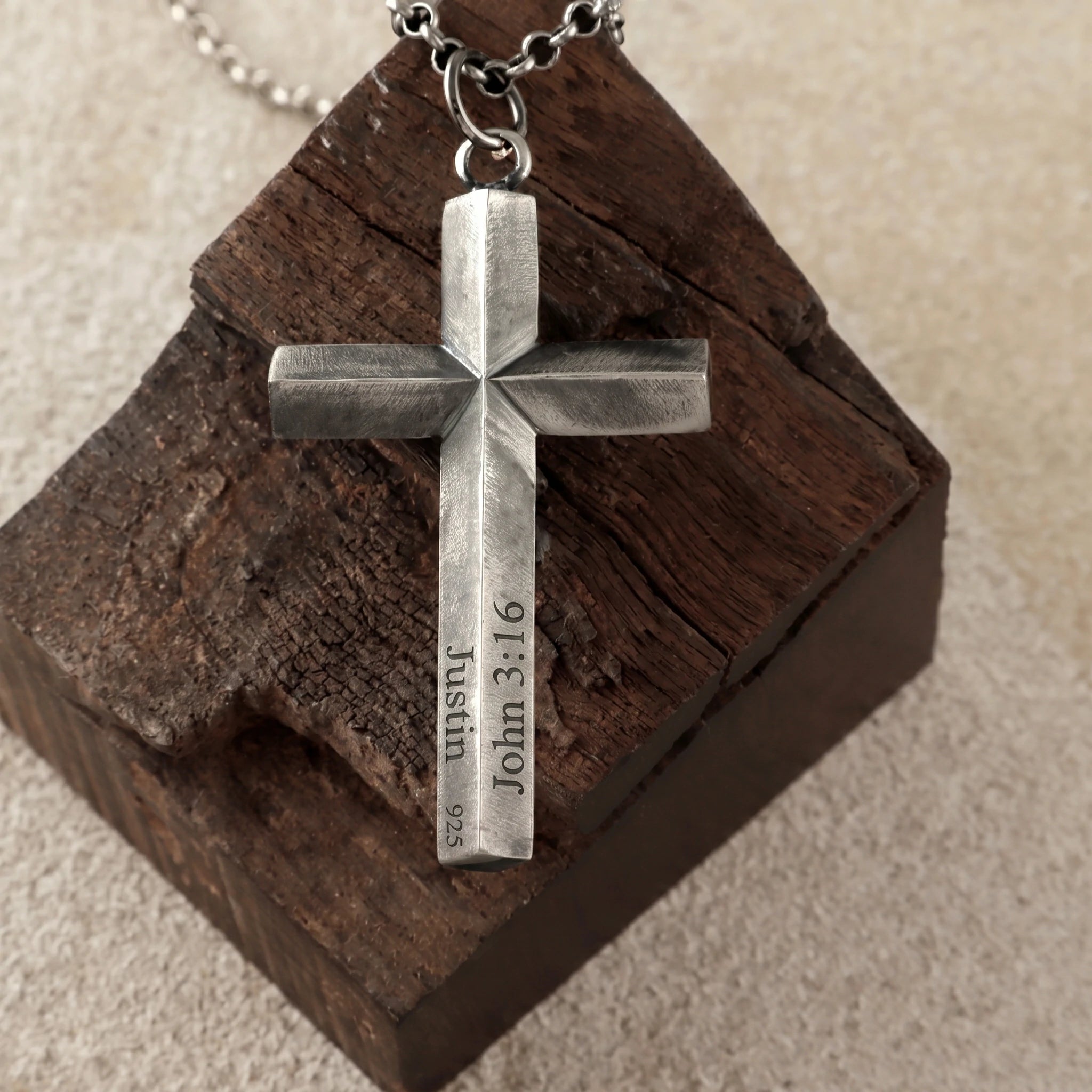 925 Sterling Silver Spiritual Beveled Prism Cross Durable Custom Engravable Necklace