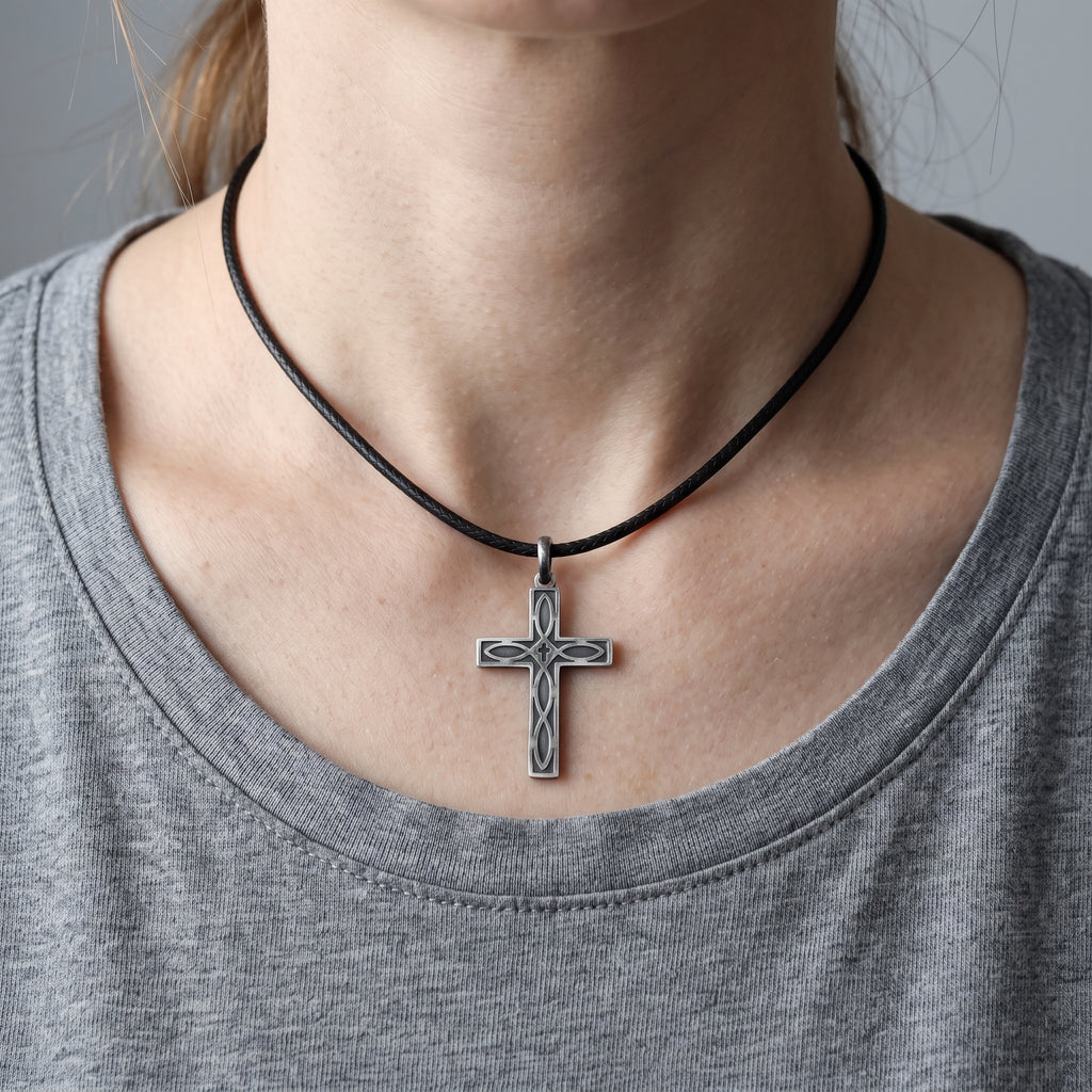 Eternal Covenant Celtic Cross, Oxidized 925 Sterling Silver Devotional Figaro Necklace