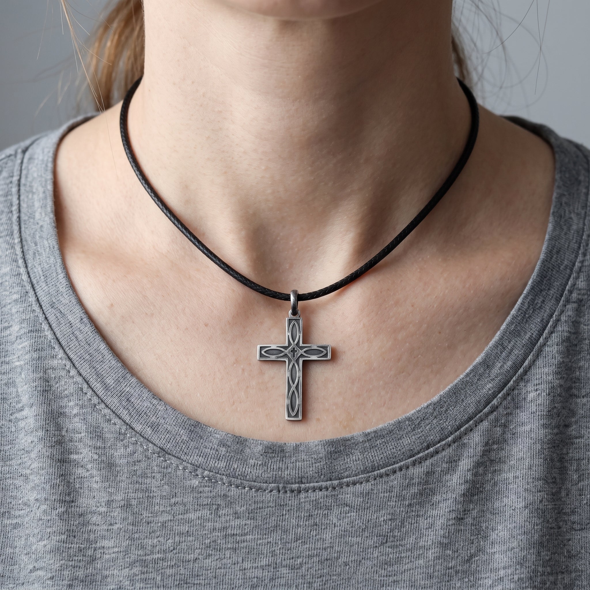 Eternal Covenant Celtic Cross, Oxidized 925 Sterling Silver Devotional Figaro Necklace