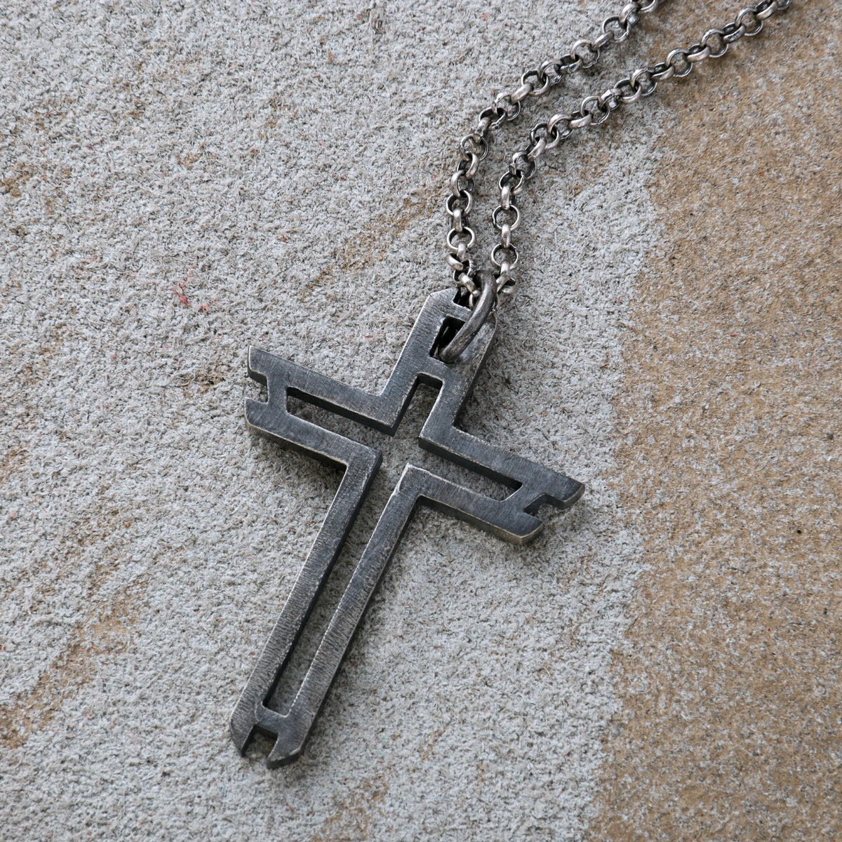 Sacred Path Hollow Cross Pendant, Oxidized 925 Sterling Silver Vintage Faith Amulet Necklace