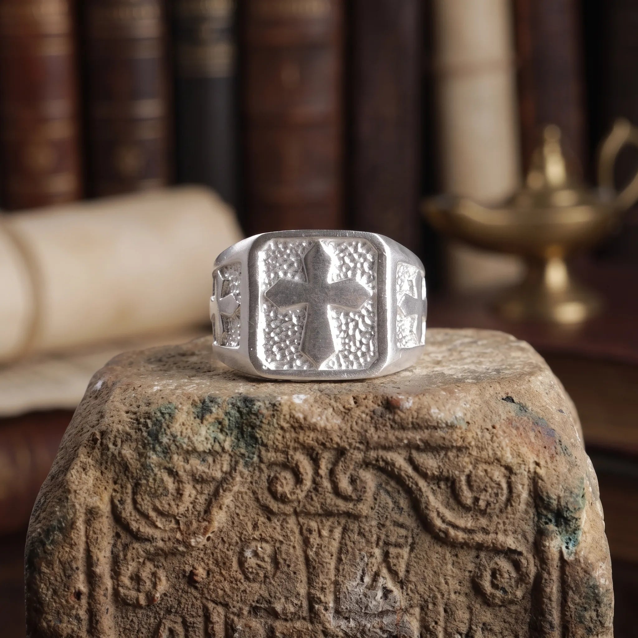 Personalized Men's Cross Signet Ring - Vintage Gift for Him-925 Sterling Silver