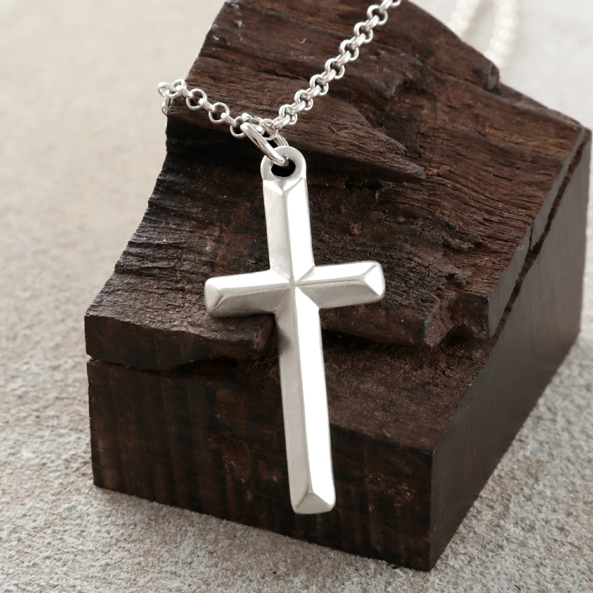 925 Sterling Silver Beveled Holy Cross Durable Custom Engravable Faith Pendant Necklace