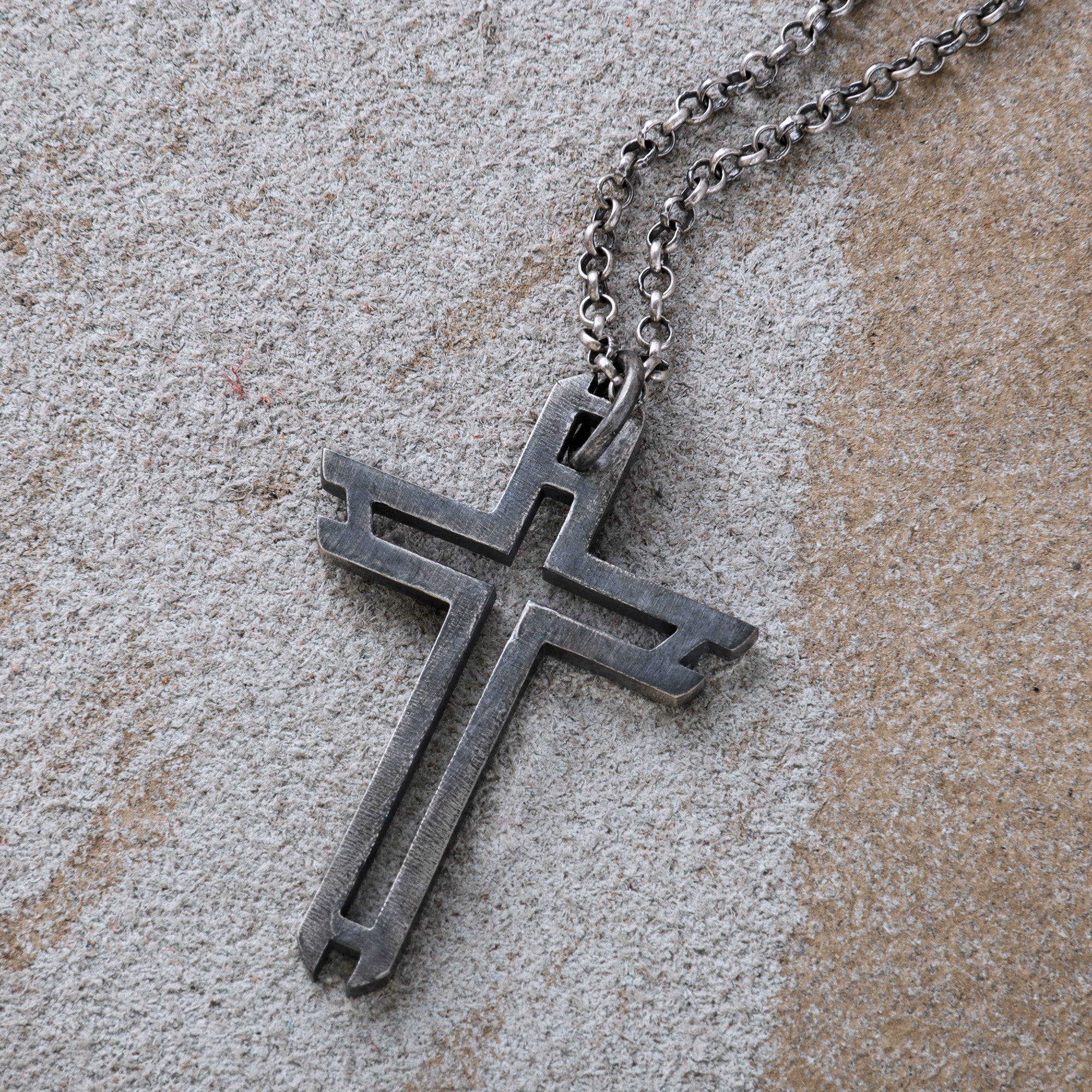 Sacred Path Hollow Cross Pendant, Oxidized 925 Sterling Silver Vintage Faith Amulet Necklace