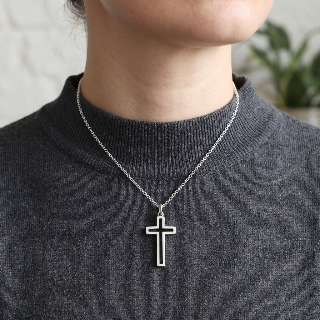 Cutout Cross Pendant Necklace, 925 Sterling Silver Religious Faith Jewelry