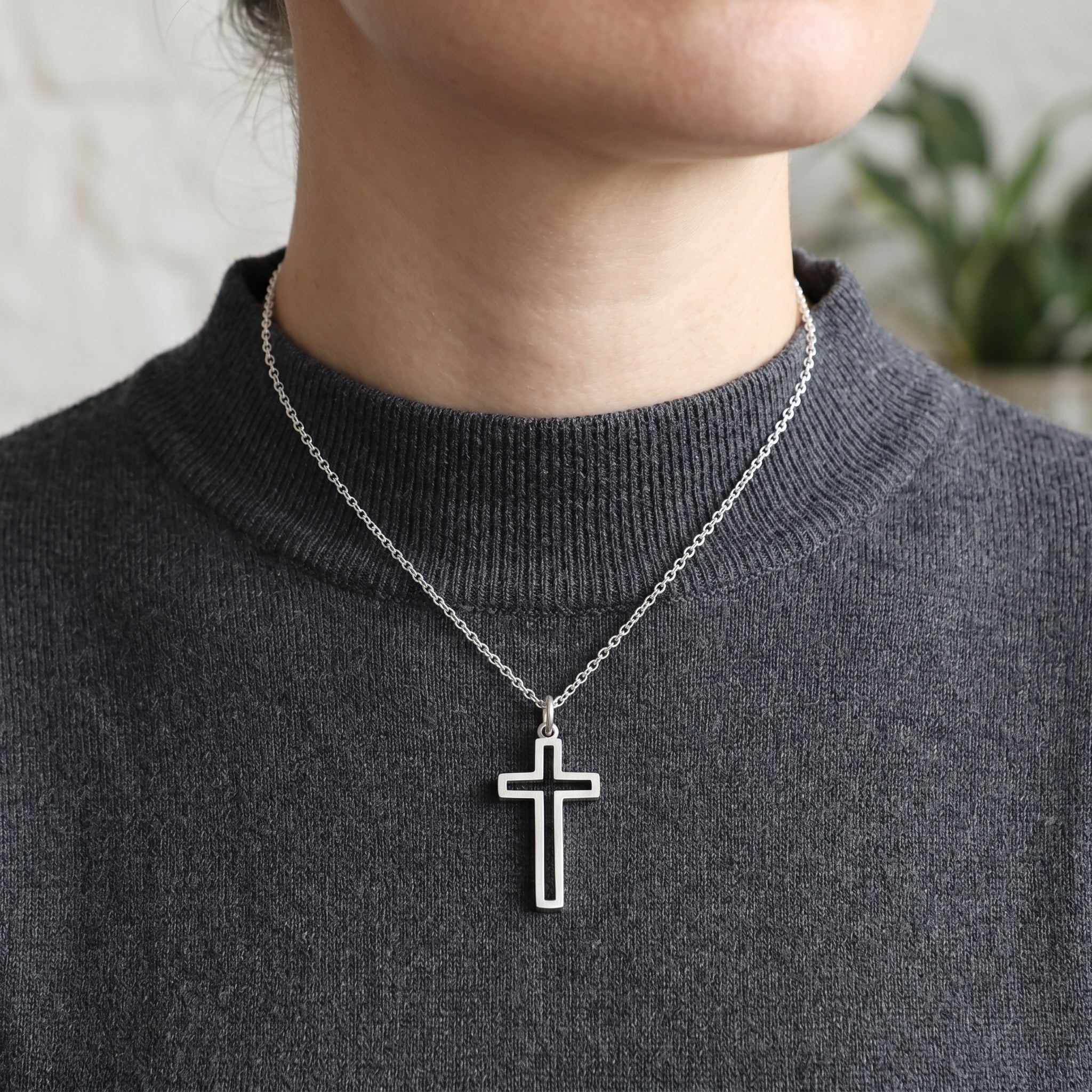 Cutout Cross Pendant Necklace, 925 Sterling Silver Religious Faith Jewelry