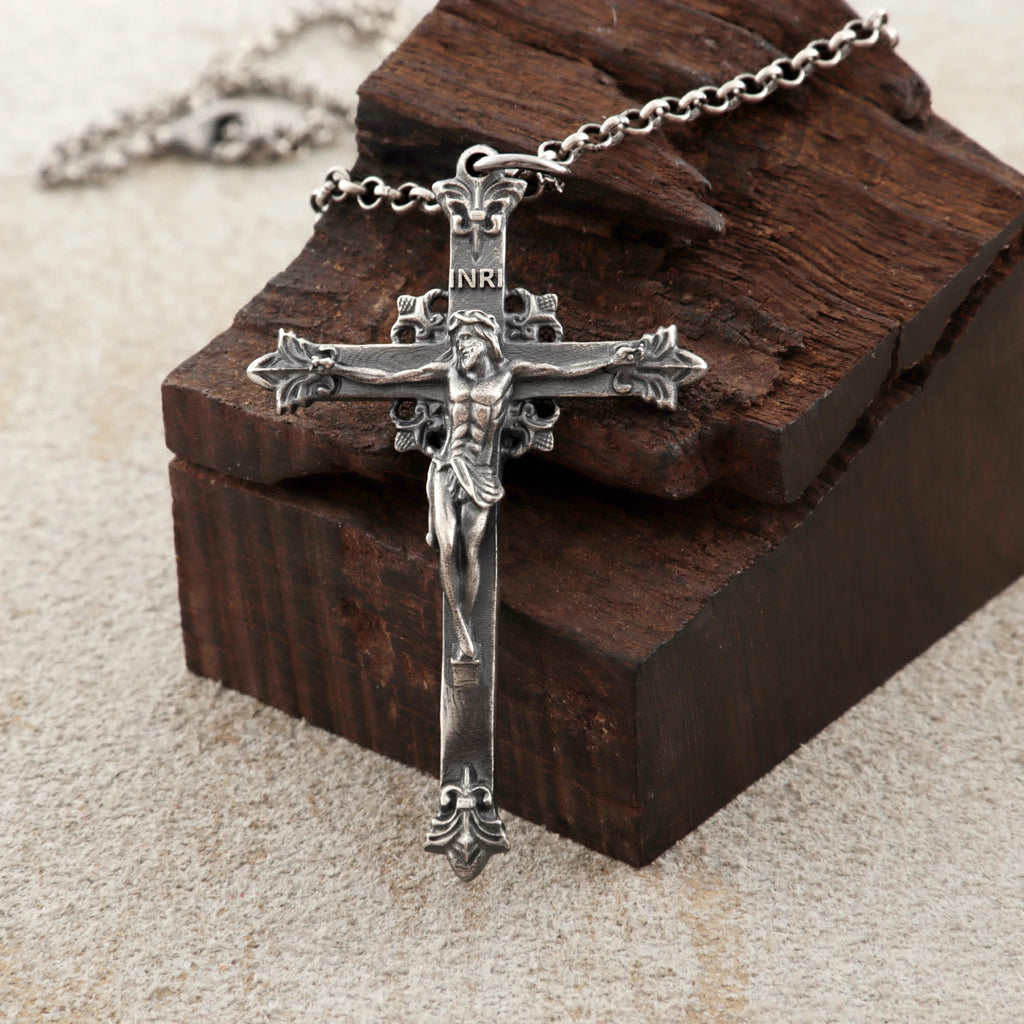 Sacred Double-Sided Crucifix Pendant, Solid 925 Sterling Silver Holy Mary Faith Cross