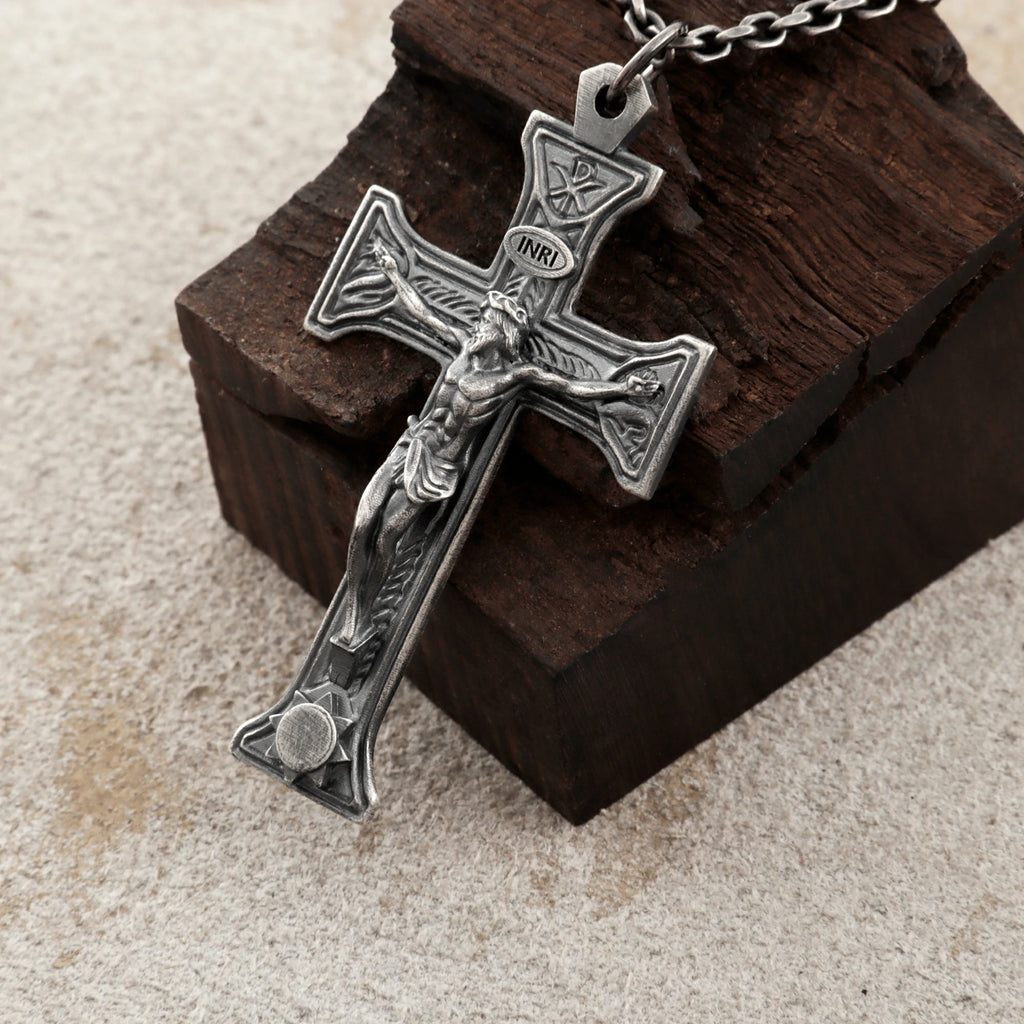 Sacred Chi-Rho Crucifix Pendant, Engravable 925 Sterling Silver Holy Christ Faith Cross