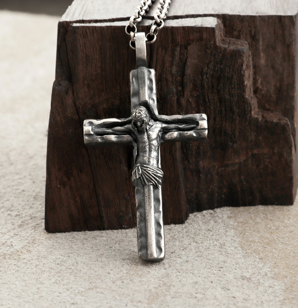 Sacred Jesus Crucifix Pendant, Engravable Solid 925 Sterling Silver Christian Faith Cross Necklace