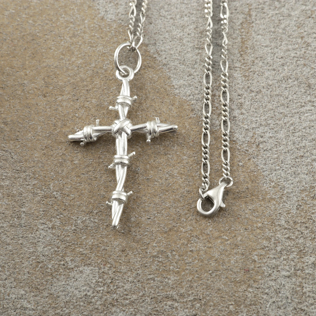 Sacred Thorns Crown Cross, Solid 925 Sterling Silver Devotional Figaro Necklace